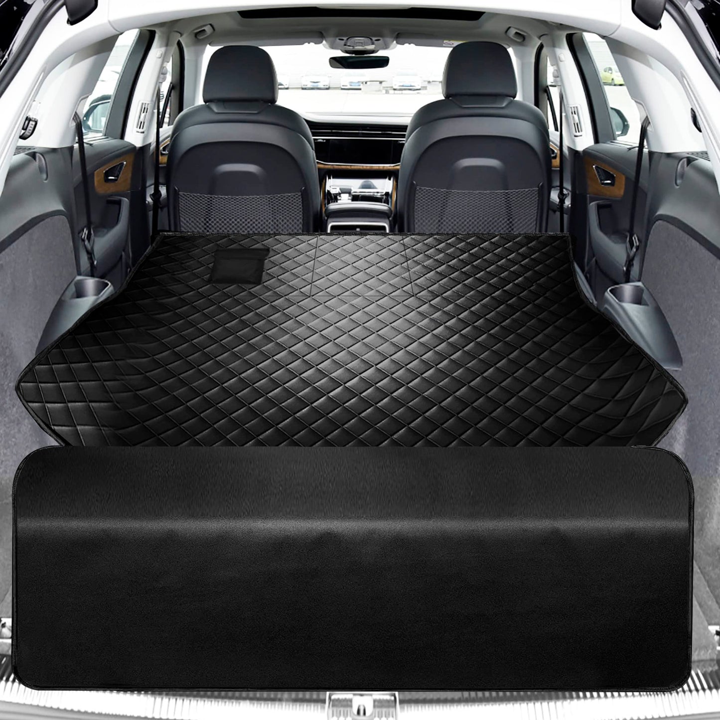 Happept Cargo Liner for Dogs Fold Down Seat, Heavy Duty Dog Mat for Car with Bumper Flap Protector, Dog Seat Cover for SUV Trunk for Sedans Vans, Universal Fit (All Black)