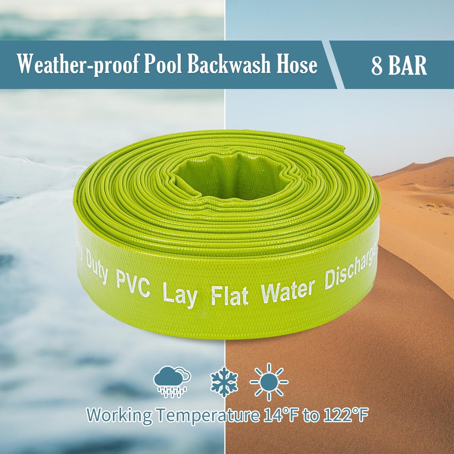 Green Expert 1-1/2" ID PVC Lay-Flat Discharge Hose Heavy Duty for Pump Draining Pool Filter Backwash Garden Pond Flooded House Water Disposal, 50 Feet Length with Steel Clamp Kit