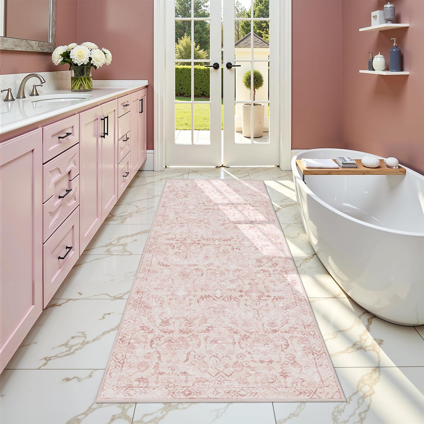 Pink 2x6 Runner Rug for Hallways Bed Side Kitchen, Boho Washable Distressed Low-Pile Floor Entryway Long Bathroom Mat, Non-Slip Laundry Room Washstand Front Carpet 24x72 Inch
