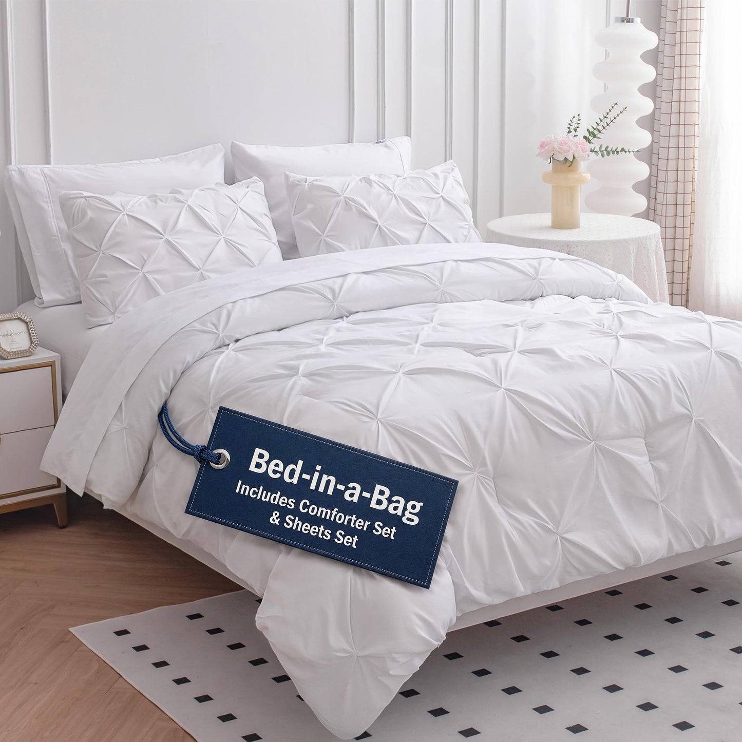 Lane Linen Queen Bed in a Bag 7 Piece - Pintuck Comforter Set with Sheets - Ultra Soft Microfiber Bedding Set, Wrinkle-Free - White
