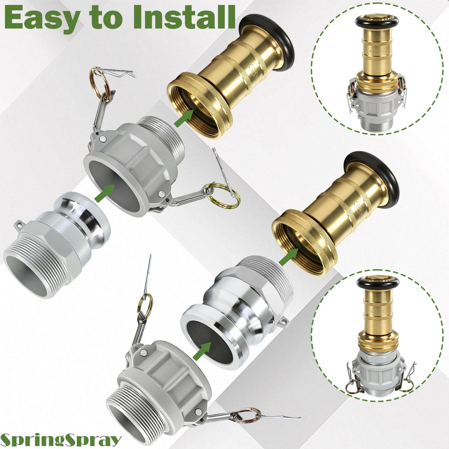 SpringSpray 2" NPSH Brass Industrial Fire Hose Nozzle with 2 x Aluminum 2 inch Camlock Fittings Couplings Fire Equipment Constant Flow Heavy-Duty Fog Nozzle