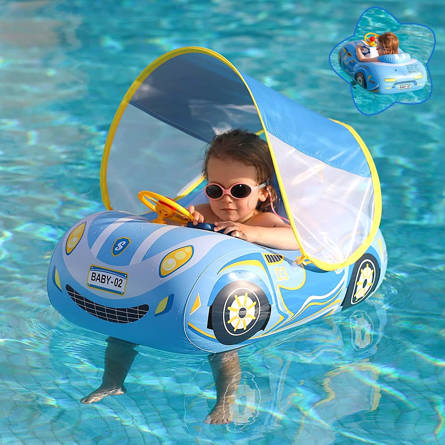 Baby Pool Float with Canopy, PVC Baby Swim Float with Sun Shade Cover, 3D Car Toddler Pool Float Swimming Floats Seat Boat for 12-18, 12-24 Months, Age 2-3, 1-4 Years (Blue Canopy)