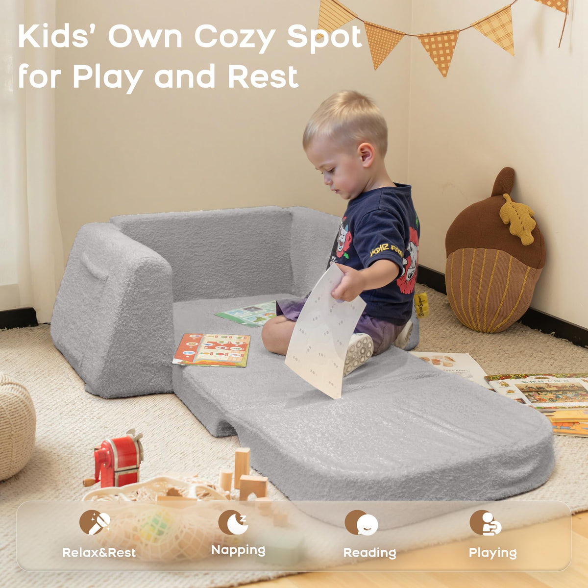 BanaSuper Wide Kids Sofa, Convertible Foam Couch for Children 3-8, Gray