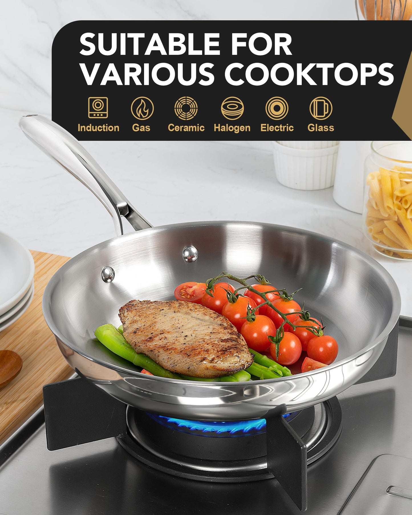 MICHELANGELO Stainless Steel Frying Pan Set, 8" 10" Cooking Pan Set with Triply Base, Stainless Steel Skillet with Ergonomic Handle, Induction Compatible