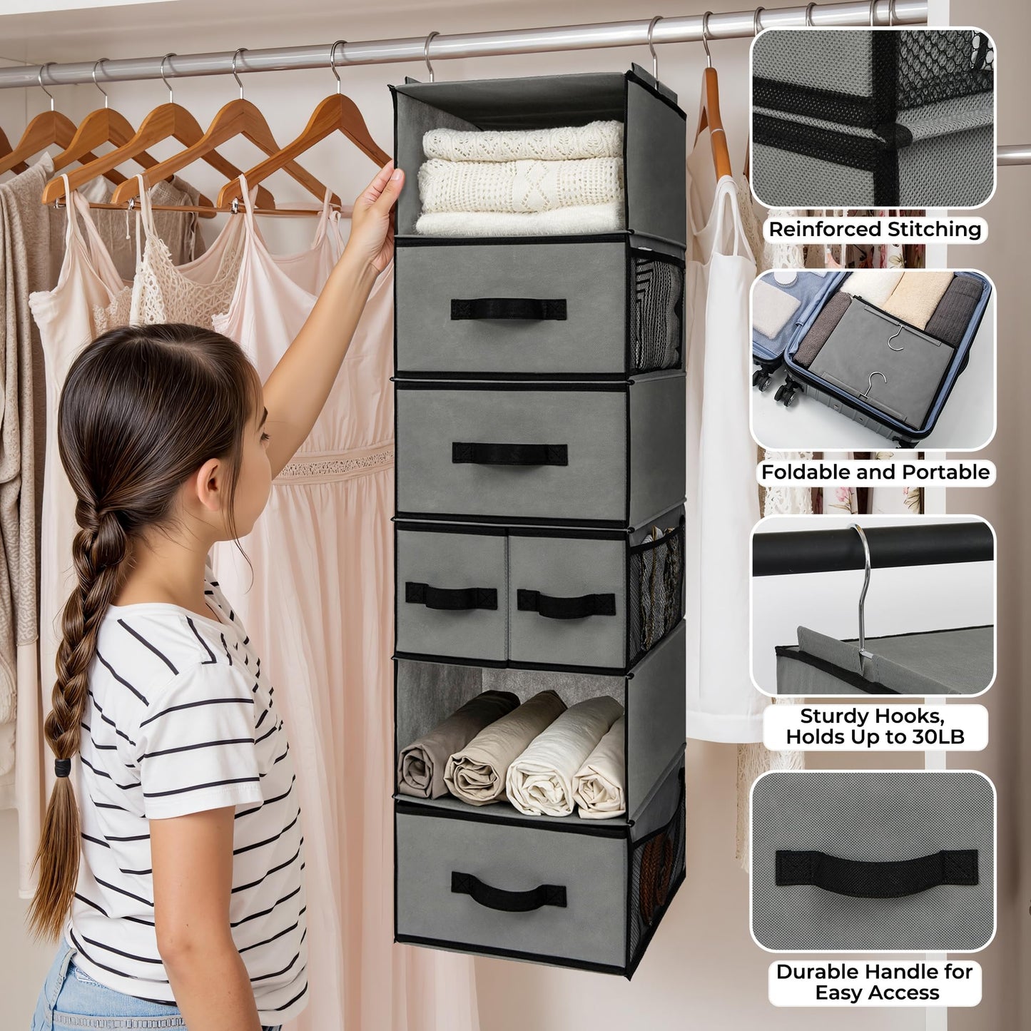 GRANNY SAYS Hanging Closet Organizer with Drawers, Rangement Garde Robe, Hanging Storage Organizer, Closet Organizers and Storage for Clothes, 1-Pack, 31 x 35 x 108.4cm, 6-Shelf, Grey