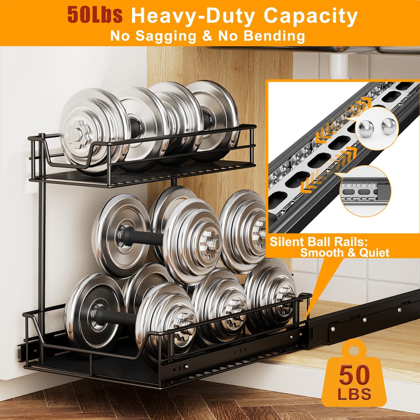 Under Sink Organizer 2 Pack, 2-Tier Heavy Duty Silent Pull-Out Under Sink Organizers and Storage, Rustproof Full Extension Under Sink Storage for Kitchen, Bathroom, Cabinet