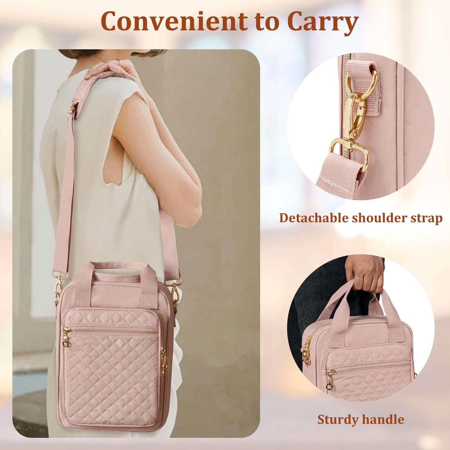 Teamoy Bible Cover Case for Women Men, Bible Book Cover Church Bag Carrying Case with Shoulder Strap, Pink Quilted