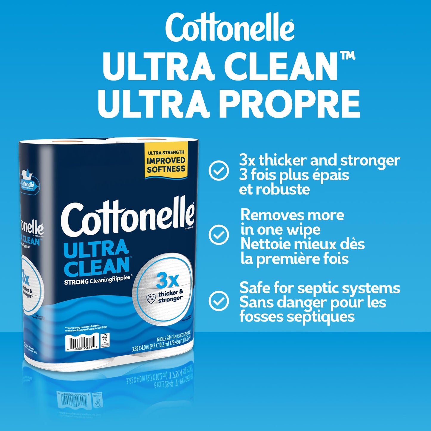 Cottonelle Toilet Paper, 36 Mega Rolls = 144 Regular Rolls (2 Packs of 18), Ultra Clean, Strong Bathroom Tissue, 284 Sheets per Roll, Packaging May Vary