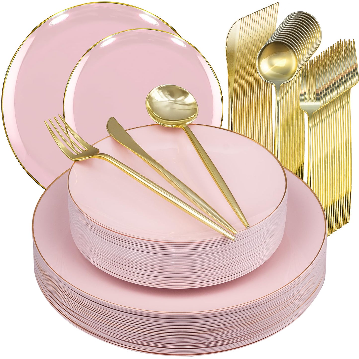 150Pcs Plastic Disposable Plates Set, Plastic Dinnerware Disposable Party Plates Set with Gold Rim for 30 Guests, Include: 30Pcs Dinner Plates, 30Pcs Dessert Plates, 90Pcs Gold Cutlery(Pink)