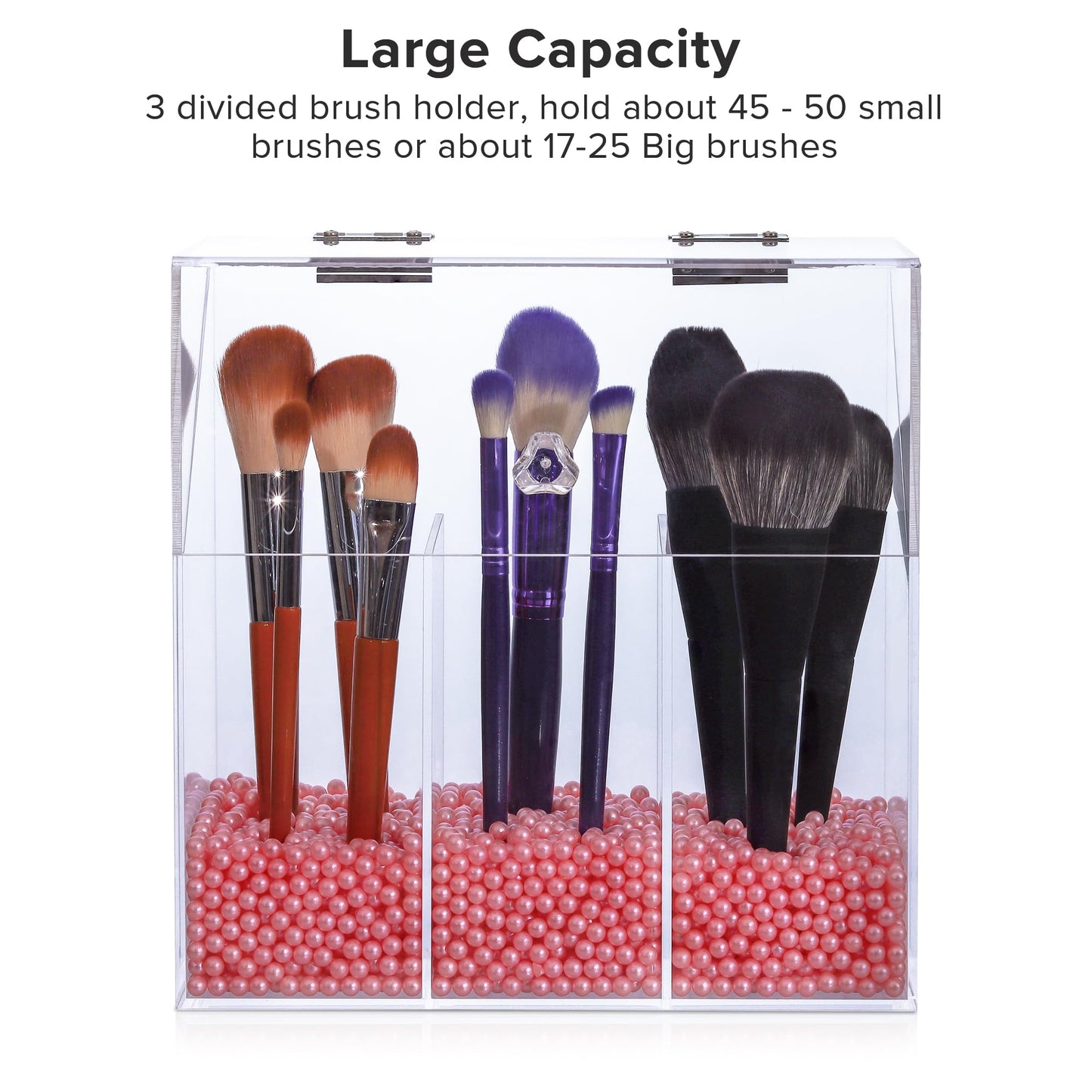 LOHRYVIO Acrylic Makeup Brush Holder with Lid - Clear Cosmetic Make up Brush Organizer and Storage Box with Dustproof Cover for Vanity - Large Capacity 3-Slots Container for Brushes (Clear)