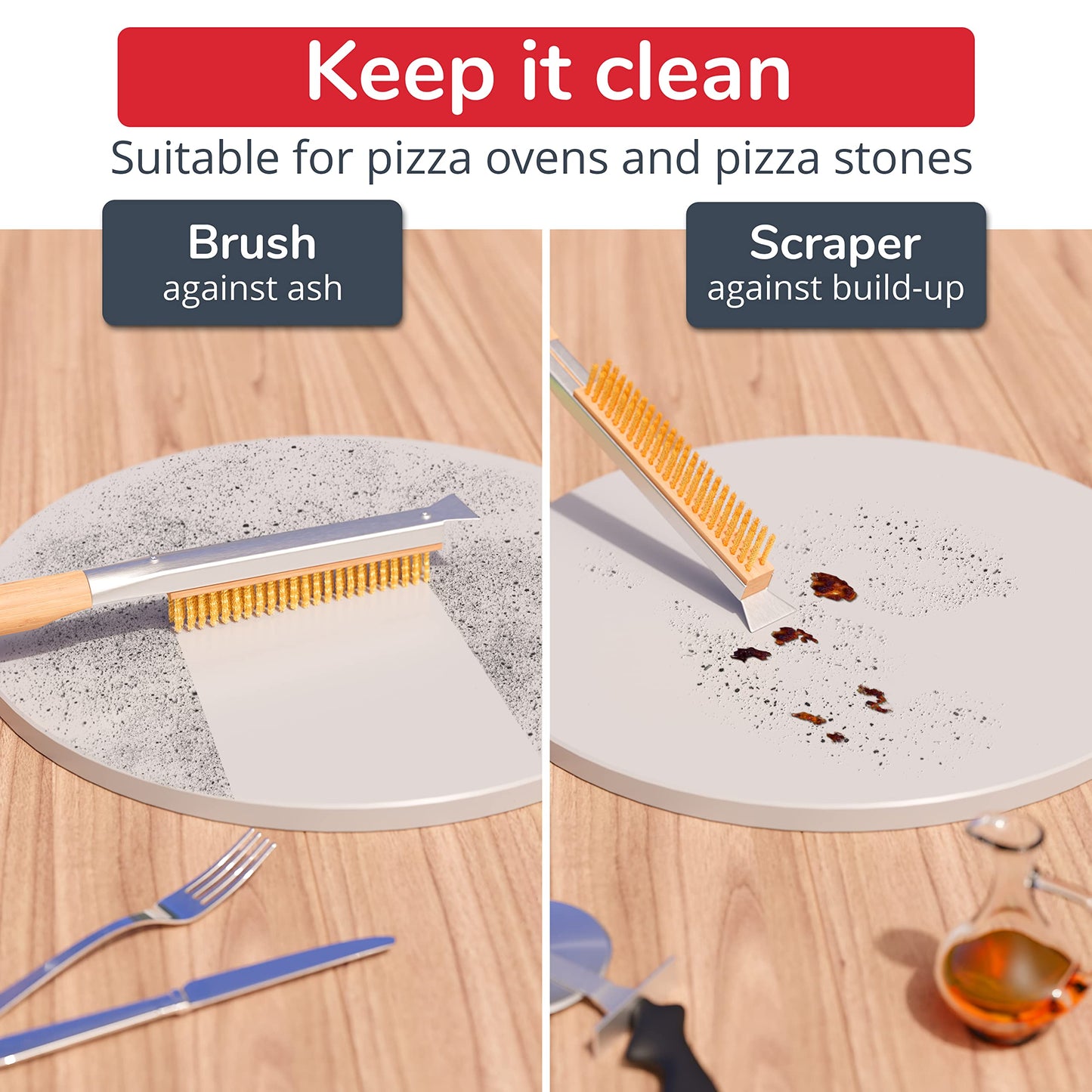26” Pizza Oven Brush with Stone Scraper - Stainless Steel Bristles, Extra Long Handle, Heat-Resistant - Compatible with Ooni, Gozney and Similar Ovens - Includes Spare Head