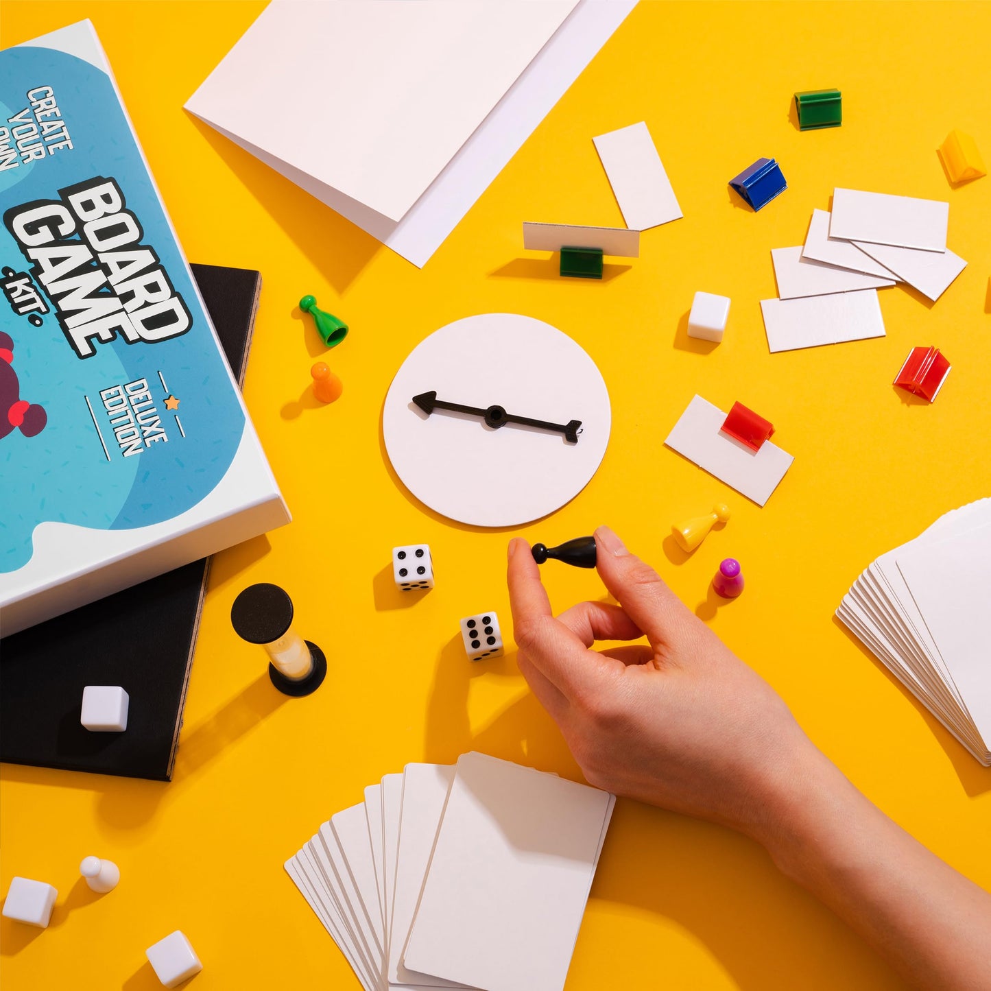 Create Your Own Board Game (Blank Game Board, Box & Accessories) Deluxe Pack with Game Pieces, Blank Cards, Rule Sheet, Sand Timer, Dice and More. DIY Board Game, Build Your Own Custom Board Game