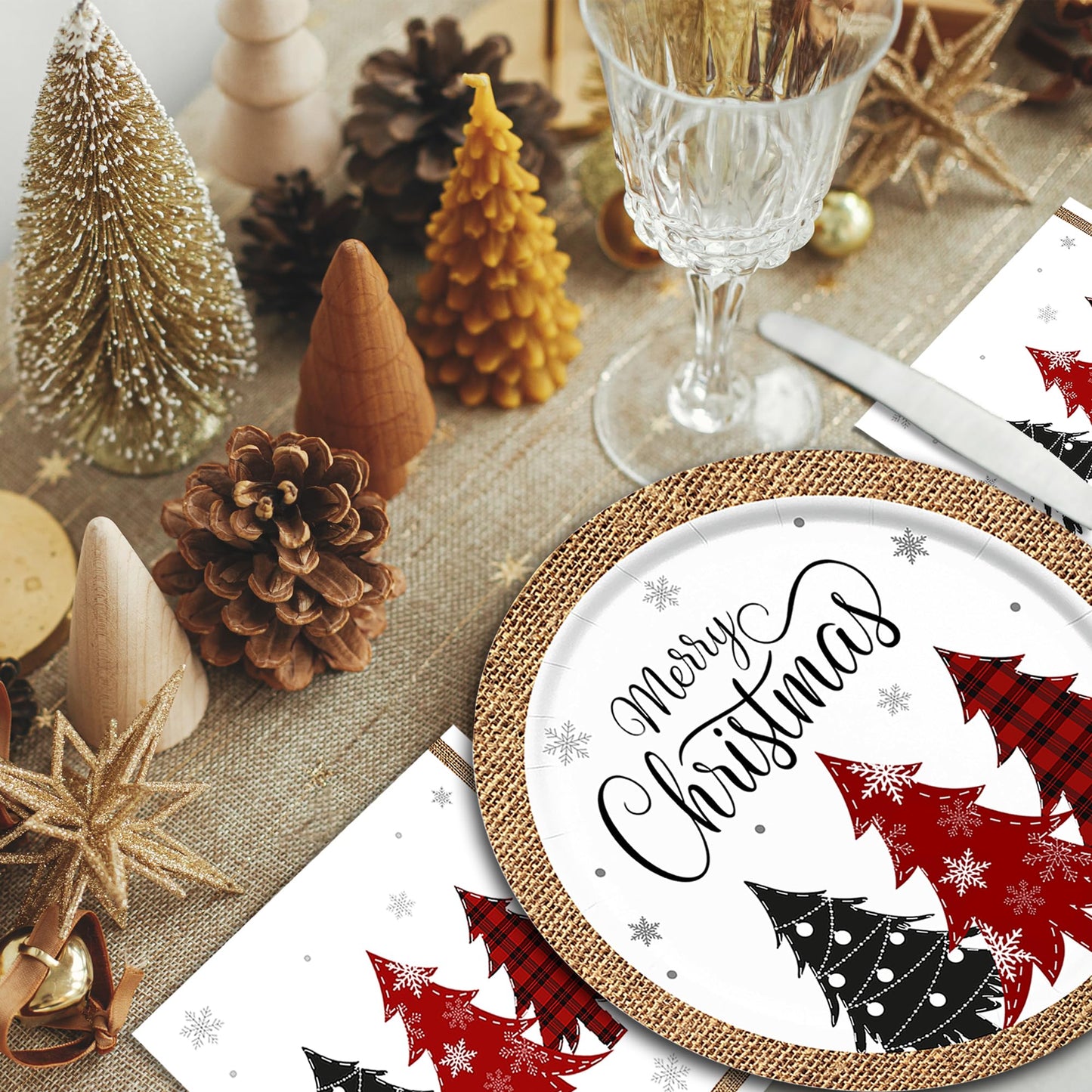 Christmas Paper Plates and Napkins(Serves 25), Christmas Plates Disposable, Christmas Tree Plates and Napkins set Included Dinner Plates, Dessert Plates, Napkins and Cups,Christmas Party Supplies