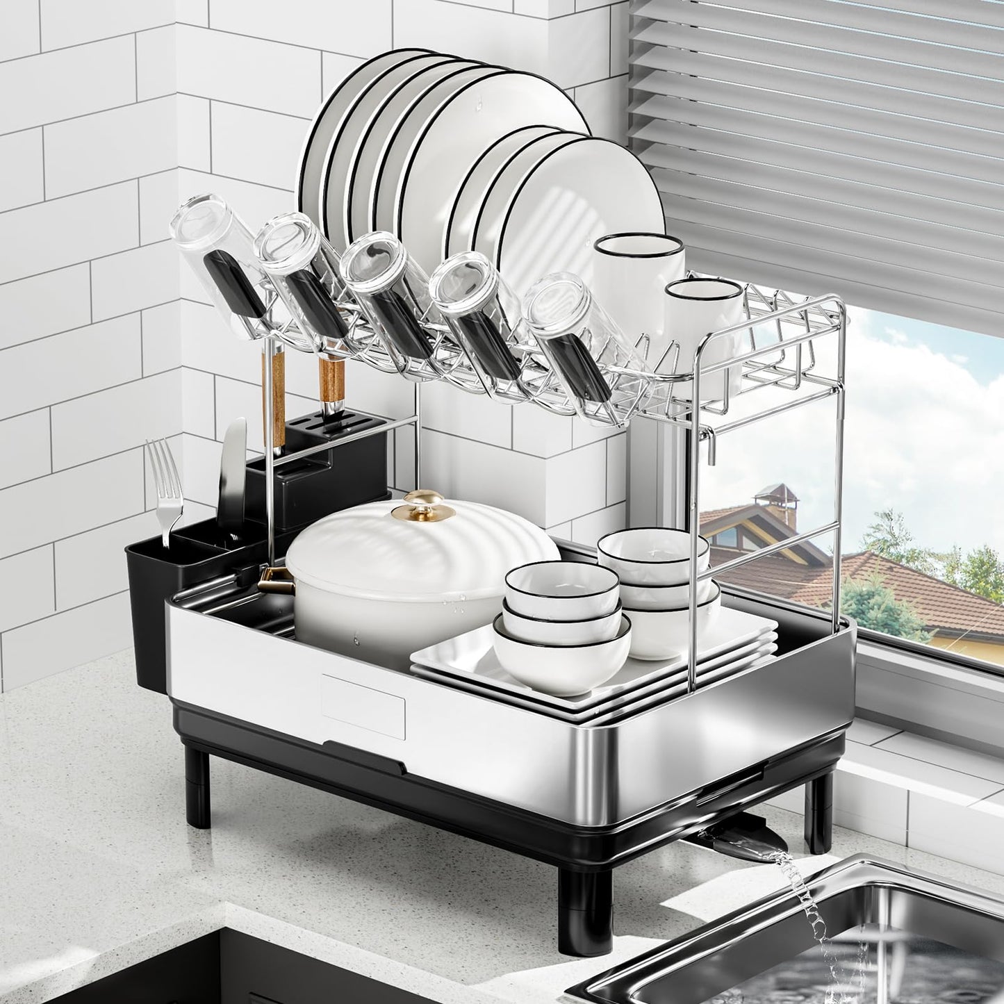 Ewaiira Dish Drying Rack, 2 Tier Large Dish Rack, Stainless Steel Dish Drainer for Kitchen Counter, Dishes Rack with Automatic Drainage, Utensil Holder,Cups Holder,Space Saving Kitchen Organizer,Black