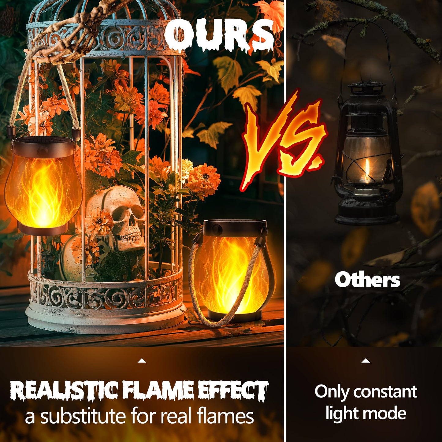 iBaycon 2 Pack Solar Lanterns Lights, Halloween Flickering Flame Garden Lights with 2 Modes Dual Charging USB & Solar, Outdoor Waterproof Hanging Lantern for Party Holiday Halloween Decor (Warm White)