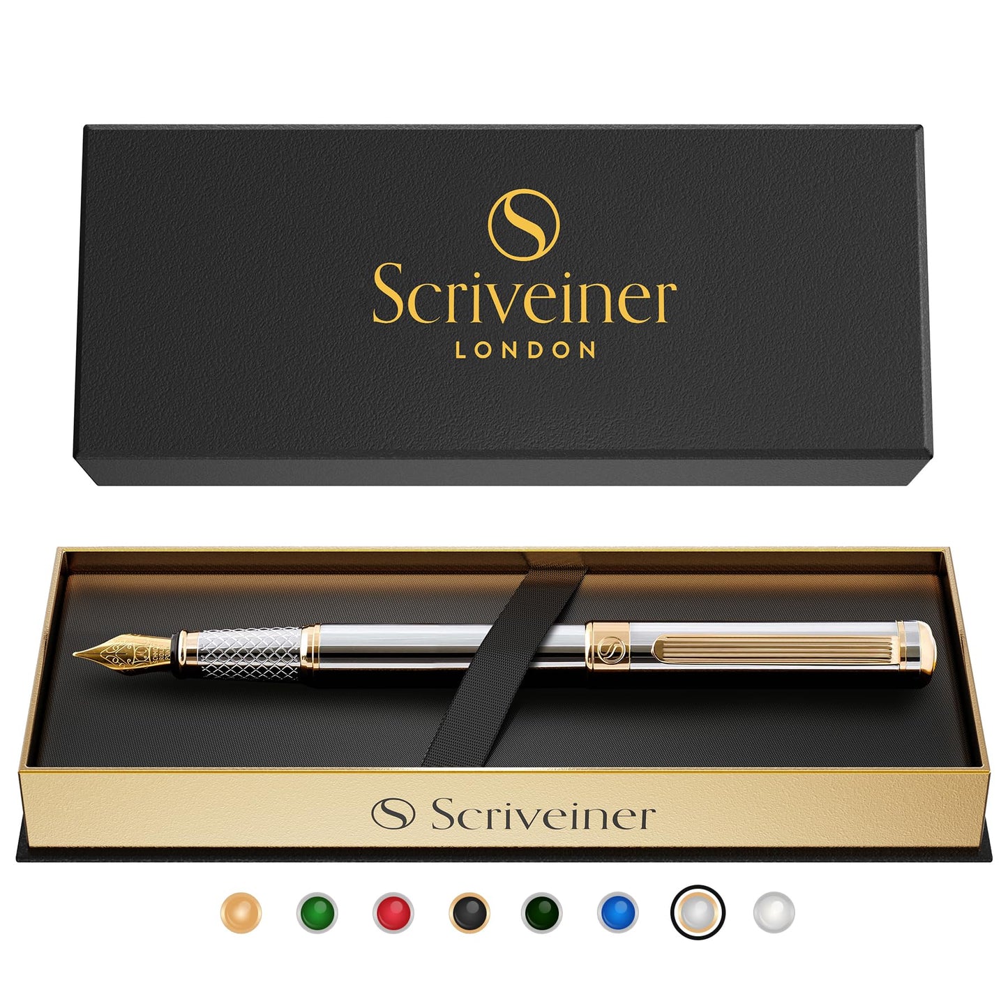 Scriveiner Silver Chrome Fountain Pen – Luxury Pen with Precision German Schmidt Medium Nib, Gold Plated Detailing, Balanced Construction, Effortlessly Smooth Executive Writing Gift Set