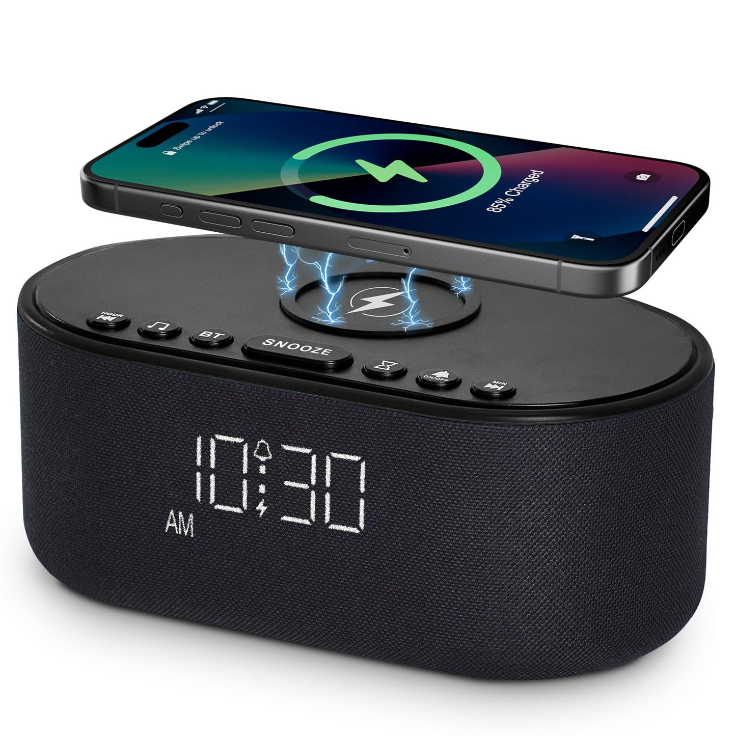 Odokee Sound Machine Alarm Clock for Bedrooms: Bluetooth 10W Stereo Sound Speaker with Wireless Charging - White Noise Machine for Sleeping with 21 Soothing Sounds - Black