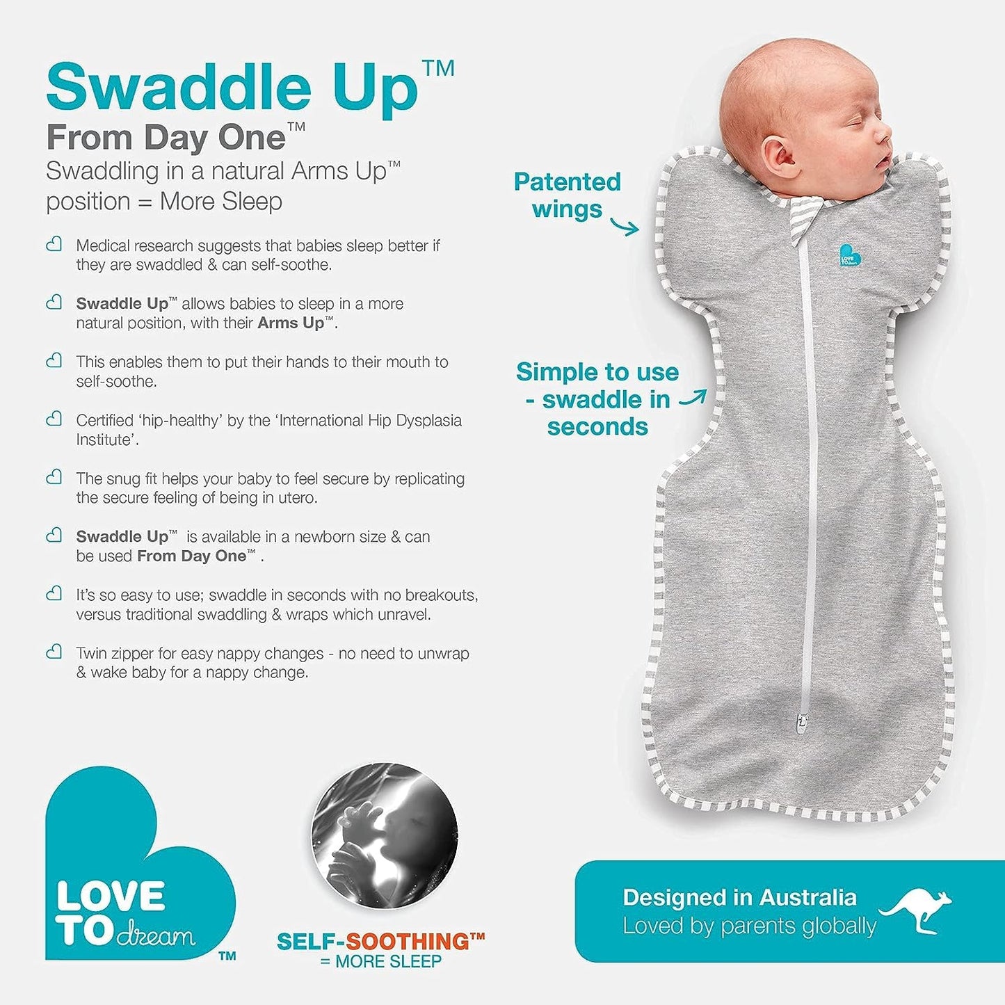 Love To Dream Swaddle UP, Dramatically better sleep, Allow baby to sleep in their preferred arms up position for self-soothing, snug fit calms startle reflex, Gray, Medium, 13-19 lbs.