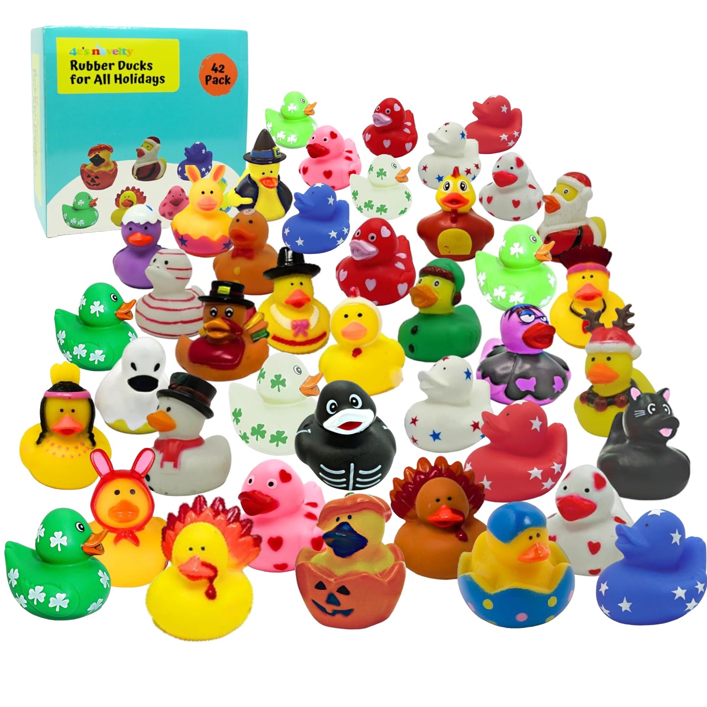 4E's Novelty Rubber Ducks for All Holidays, Bulk Pack of 42 - Includes 6 of Each Holiday, Valentines Day Rubber Ducks, Easter Duckies, Bath Toys for Kids, Gift for Jeep Owners, Jeep Ducking