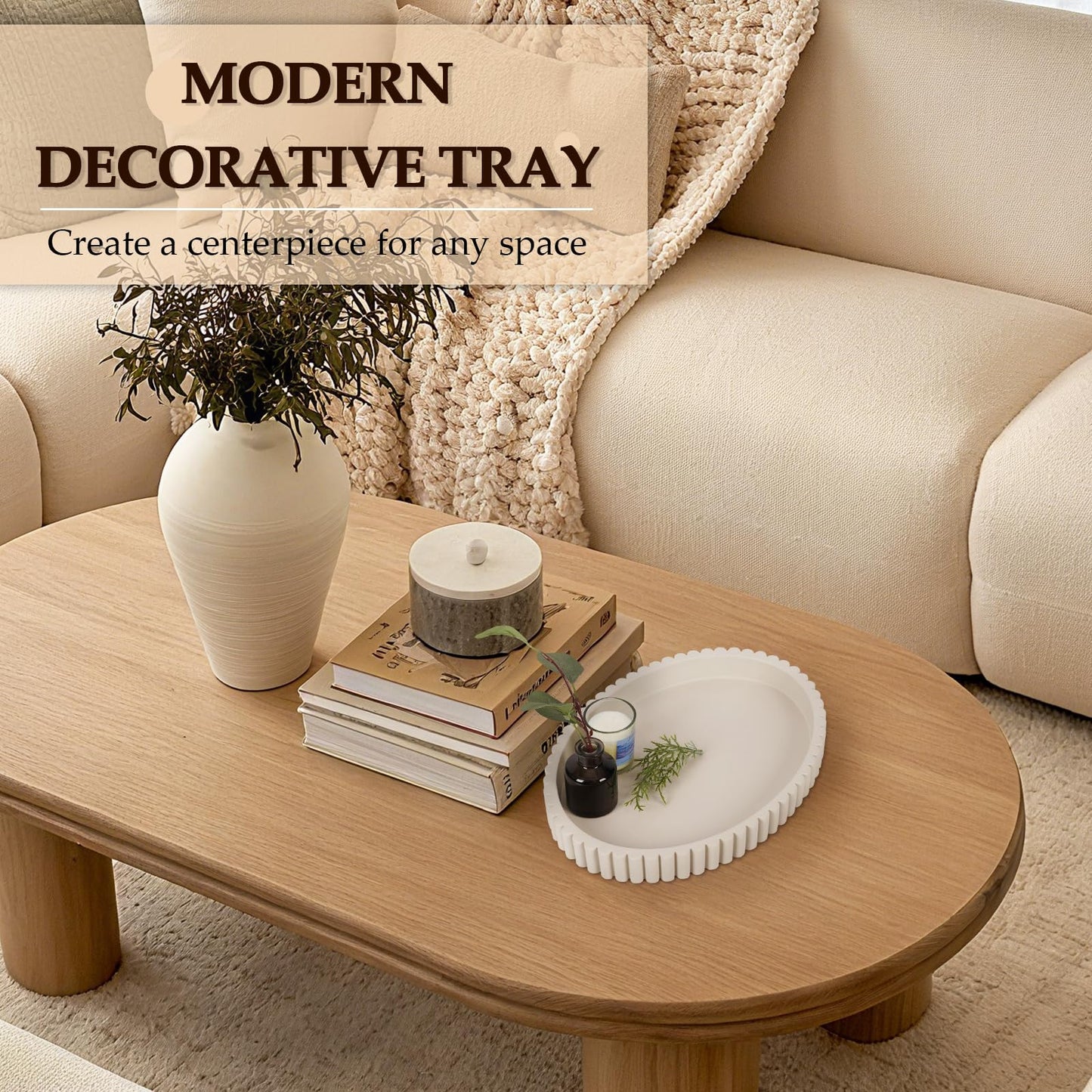 Cathyeen Oval Coffee Table Tray, 13" Solid Concrete Decorative Tray, Modern Serving Tray Centerpiece Table Decorations, Ottoman Trays for Coffee Tables, Living Room, Bathroom (Gray)