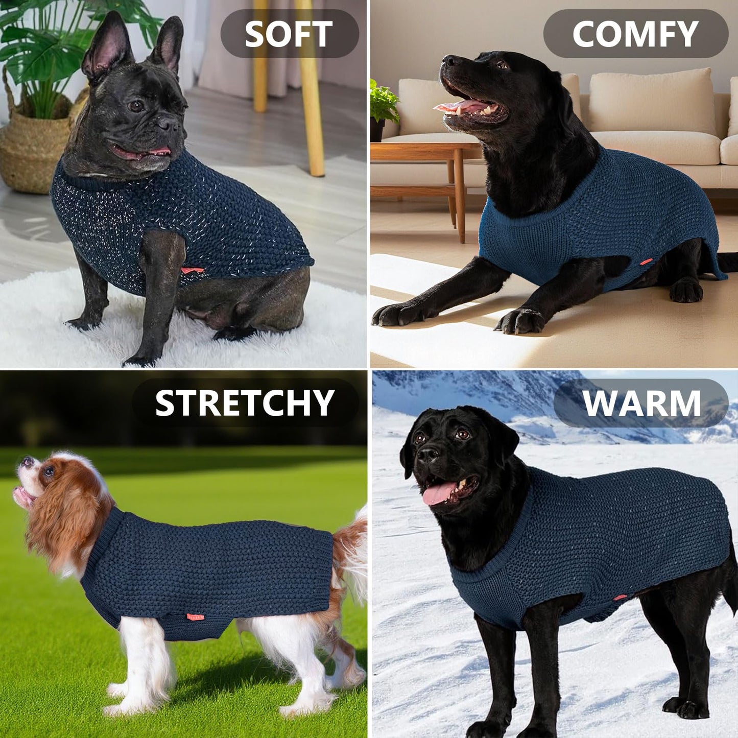 KYEESE Classic Dog Sweater With Leash Hole - Large Size Warm Coat for Large Dogs, Stretchy With Reflective Yarn, Comfy Clothes, Navyblue, 3XL