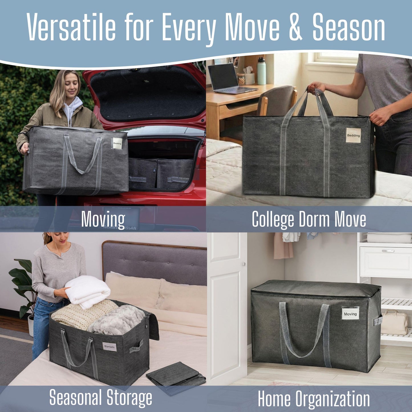 VENO Moving Bags, Moving Supplies, Moving Boxes, College Packing Storage Boxes with Lids Alternative, Heavy Duty Totes, Extra Large, Sturdy Handles, Zipper, for Packaging (Dark Gray, 10 Pack)