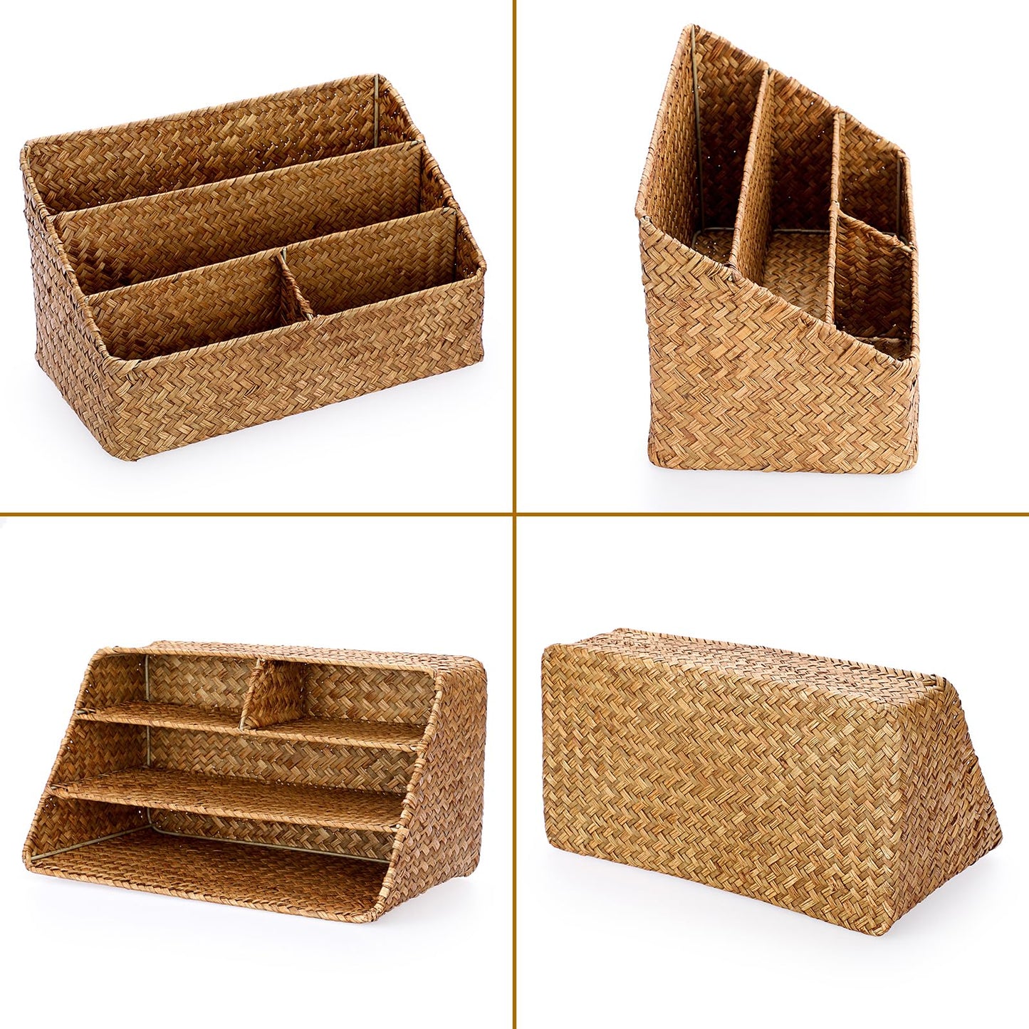 BTSKY Office Desk Organizer Natural Seagrass Desk Organizer with 4 compartments, Handmade Woven Wicker Mail Sorters, Office Supply Caddy Accessories Holder Organizer for School, Home, Office Supplies