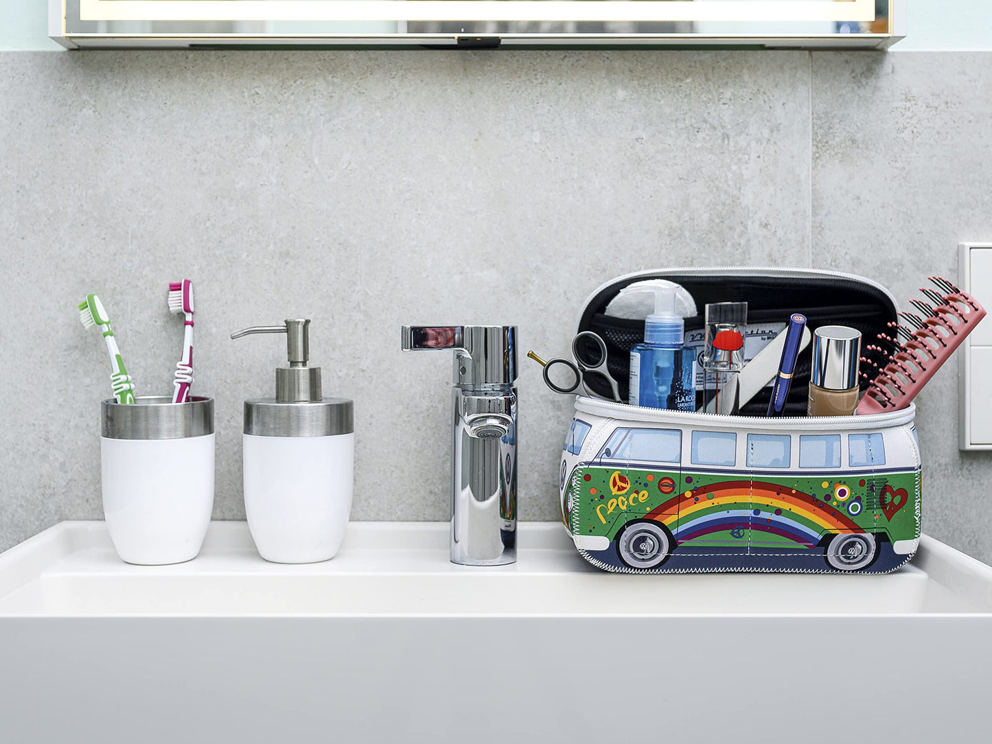 BRISA VW Collection - Volkswagen Neoprene Universal Makeup Cosmetics Toiletry Travel Pharmacy Bag in T1 Bus Design (Peace/Green) (Large (30 x 14 x 12 cm))