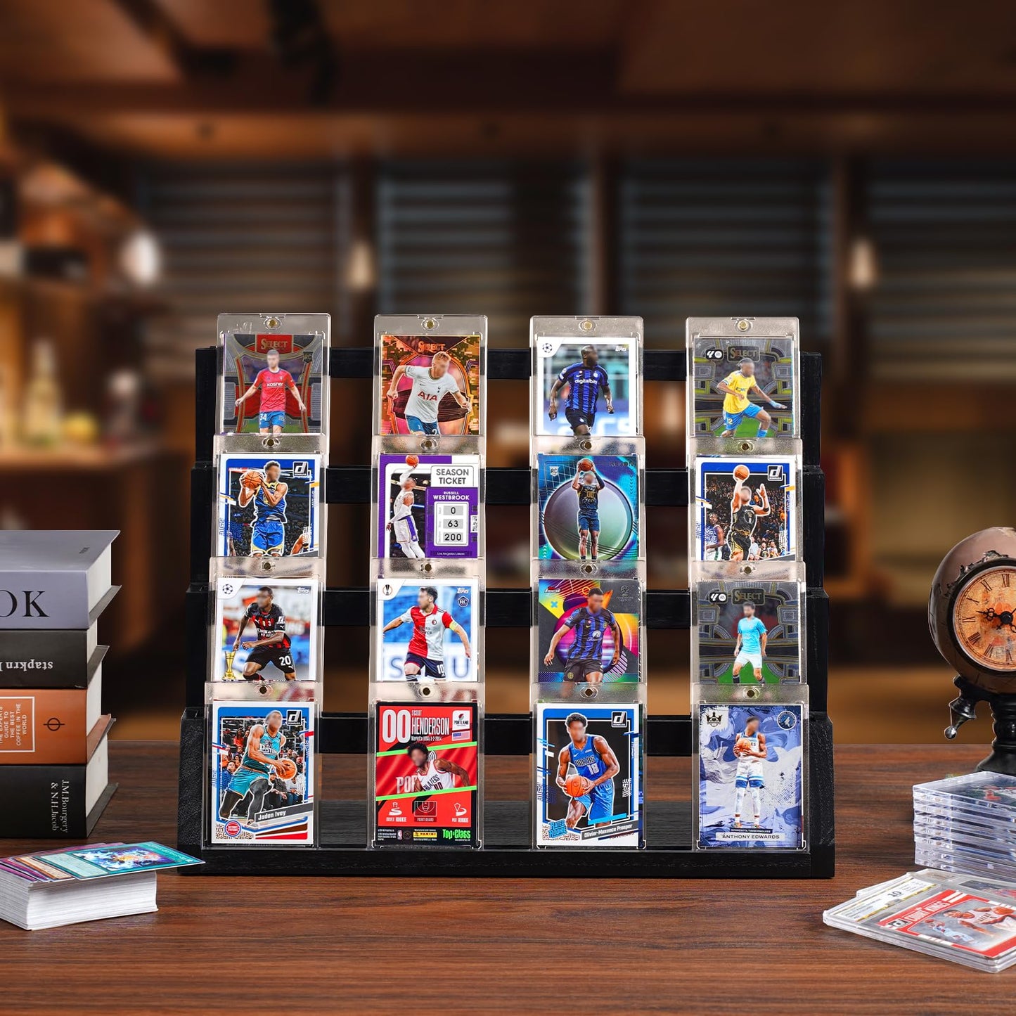 Emfogo Display Stand, 4-Tier Trading Card Display, Wooden Graded Baseball Sports Card Display, Trading Cards Display Case for Collection & Show (Black)