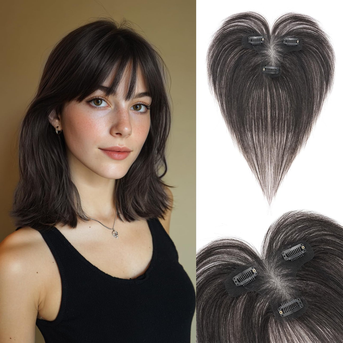 S-noilite Clip in Air Bangs Hair Topper Human Hair Bangs Clip for Women, T-part Lace Base Real Hair Topper Hair Piece for Daily Wear(Air Bangs,Natural Black)