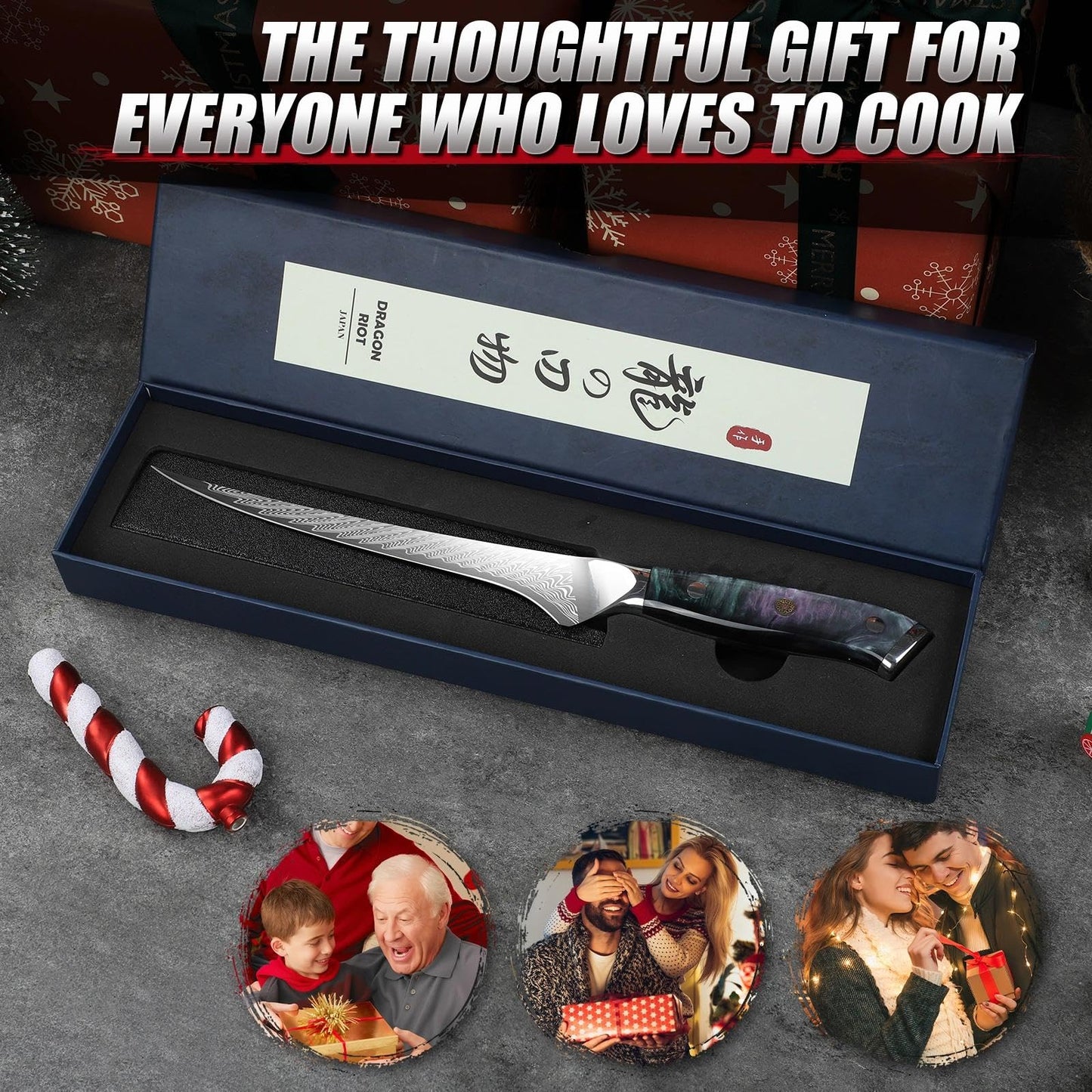 DRAGON RIOT Fish Filleting Knife7 Inch,Ultra Sharp Fillet Knife in High Alloy Stainless Steel,Fishing Knife for Deboning,Trmming,Meat Cutting,Professional Boning Knife with Sheath and Package