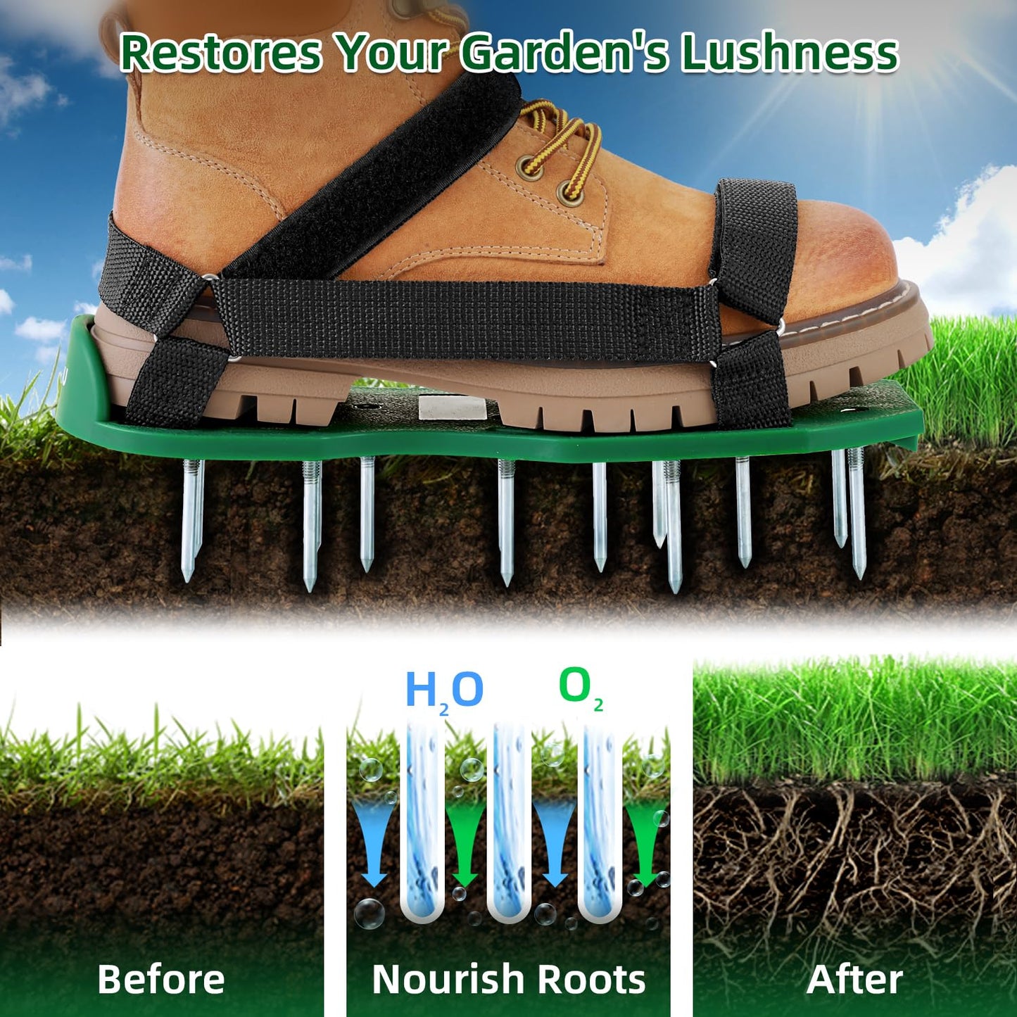 Lawn Aerator Shoes, Ohuhu Free-Installation Lawn Aerator Shoes for Grass Heavy Duty Grass Aeration Sandals with Stainless Steel Spikes and Shovel Adjustable Hook & Loop Straps for Lawn Patio Garden