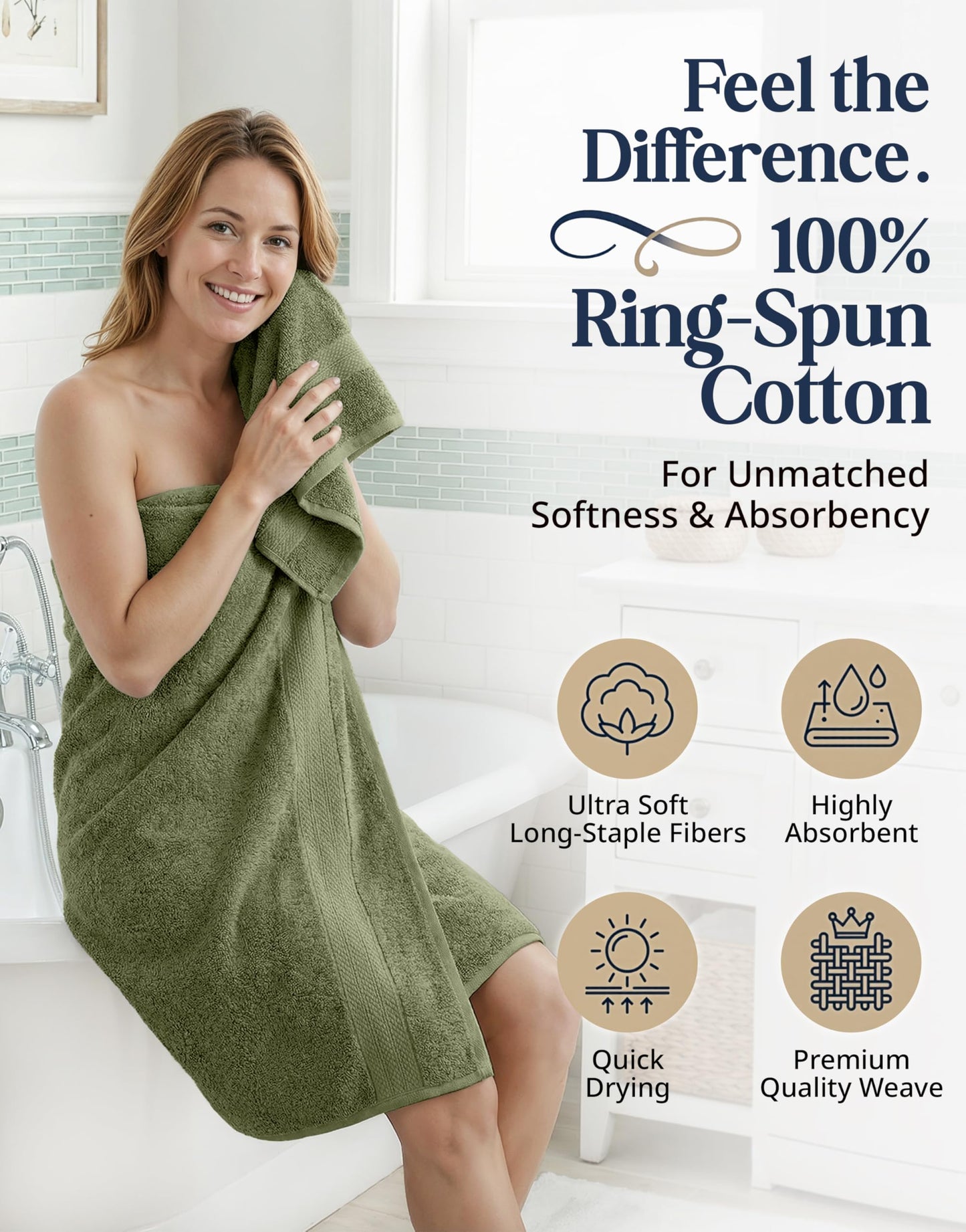 6 Piece Bath Towel Set - 100% Cotton Bathroom Towels, Extra Large Bath Towels, Hotel Towels, 2 Bath Towels, 2 Hand Towel for Bathroom, 2 Wash Cloths for Your Body and face - Oil Green