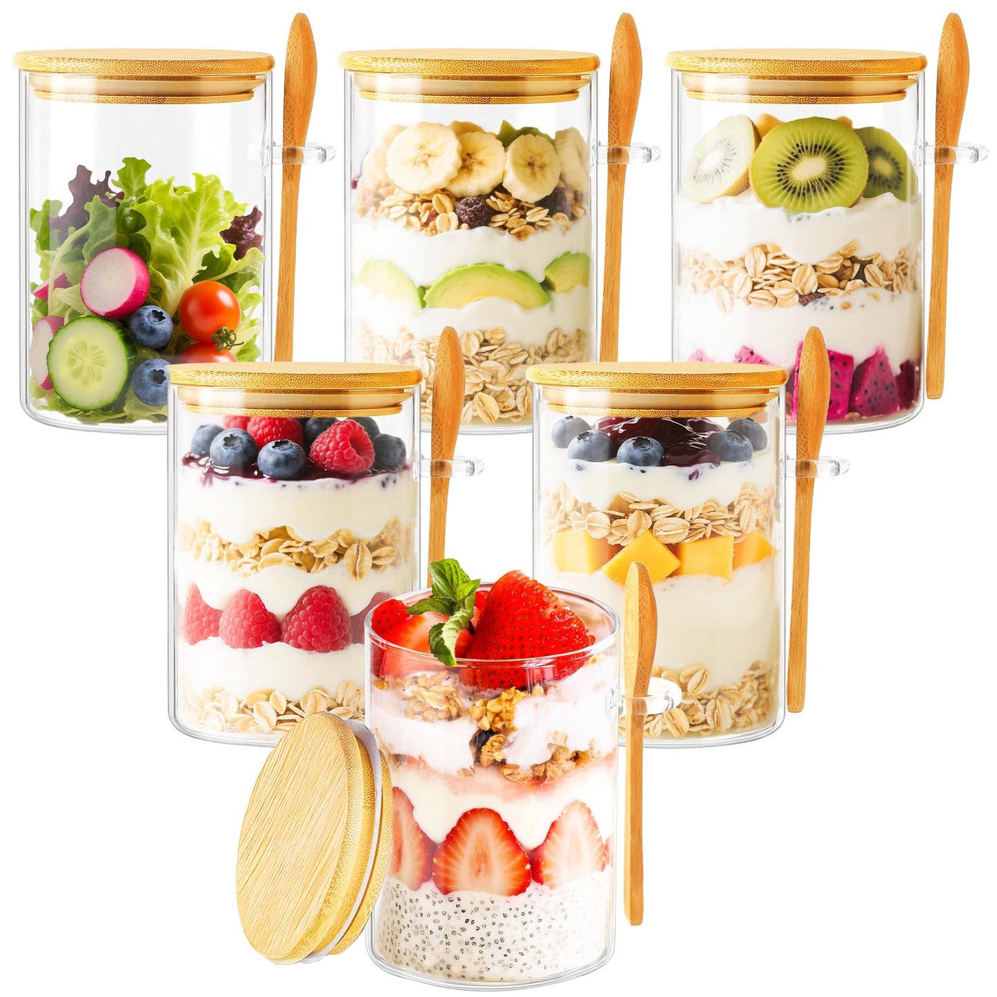TBWIND 6-Pack 16oz Overnight Oats Jars with Lids and Spoons, Reusable Yogurt Containers with Labels, Glass Food Storage Jars for for Chia Seed Pudding, Salad, Cereal, Coffee, Dry Snacks, Seasoning