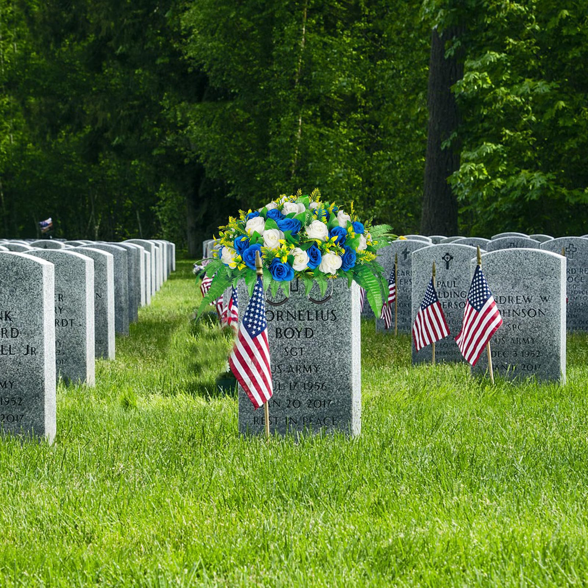 Lodou Artificial Cemetery Flowers, Silk Flower Arrangement,Artificial Rose Bouquet Grave Memorial Flowers with Headstone Saddle for Graveyard Headstones Decoration (1, Blue and White)