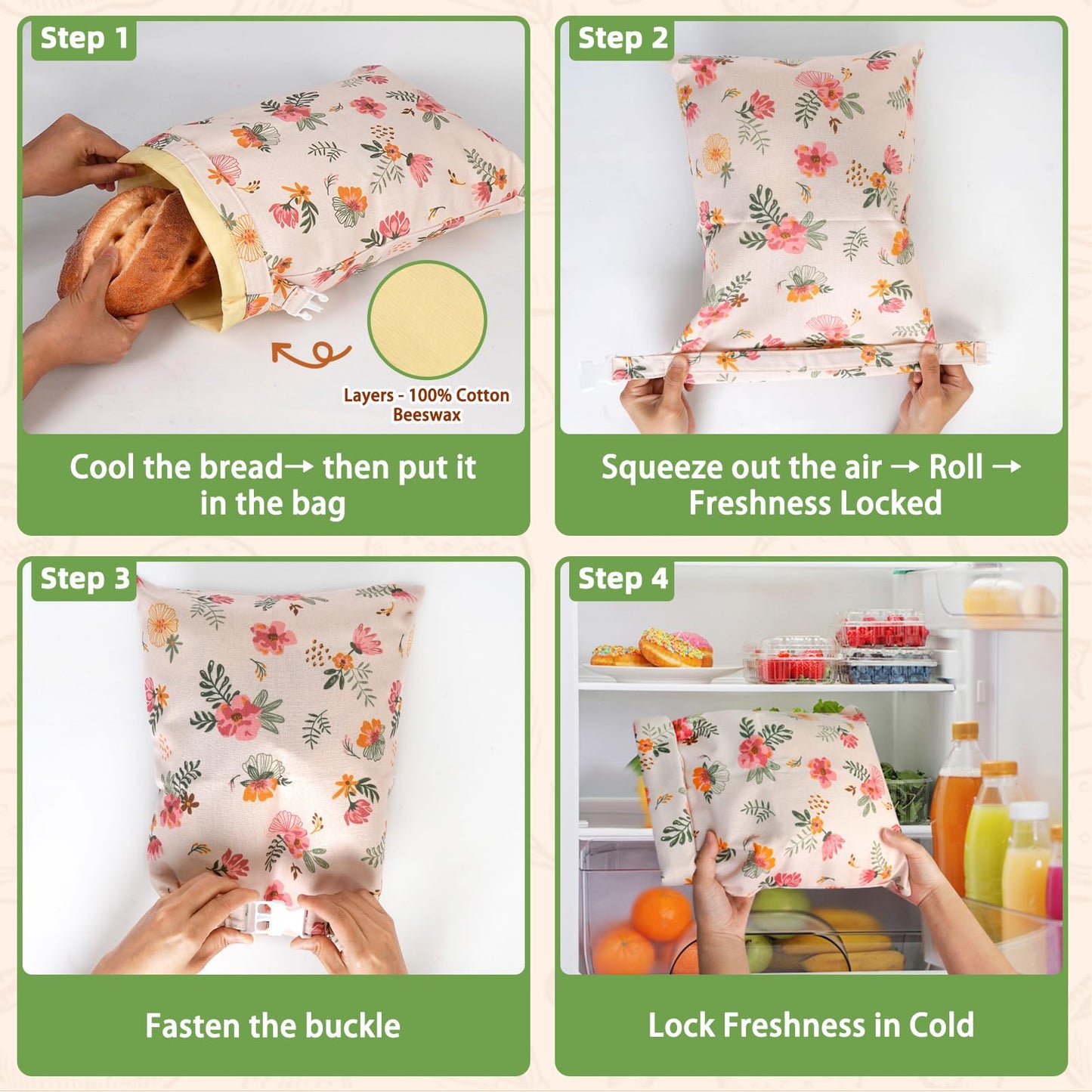 Essovee 2 Pack Cotton Beeswax Bread Bags - Large Reusable Cotton Linen Food Storage Covers for Sourdough & Homemade Bread, Waxed Bags Keep Bread Fresh, Proofing Bag Freezer-Safe, Easy Clean