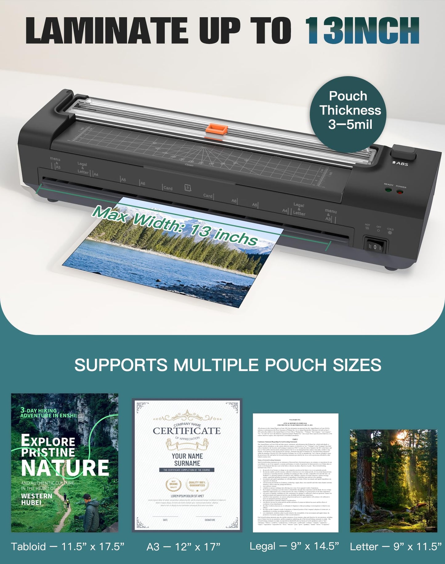 13 Inch Laminator Machine with Auto Paper Feed, Never Jam A3 Thermal & Cold Lamination, 20 Laminating Sheets, 10-in-1 Laminator with Cutter, Trimmer & Corner Rounder for Office School Home Use（Black）