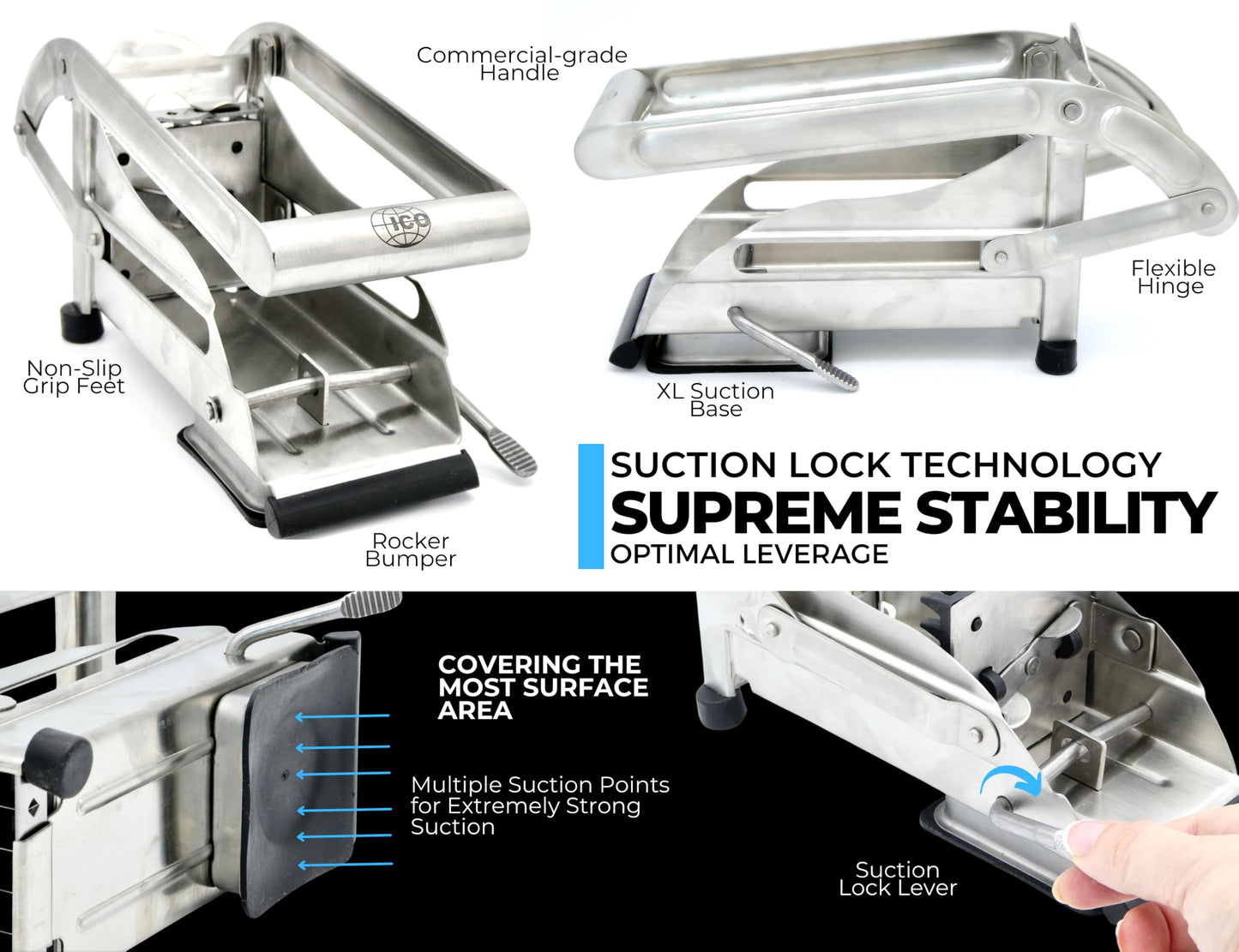 ICO Stainless Steel 2-Blade French Fry Potato Cutter, No-Slip Suction Base, Perfect for use with Air Fryer