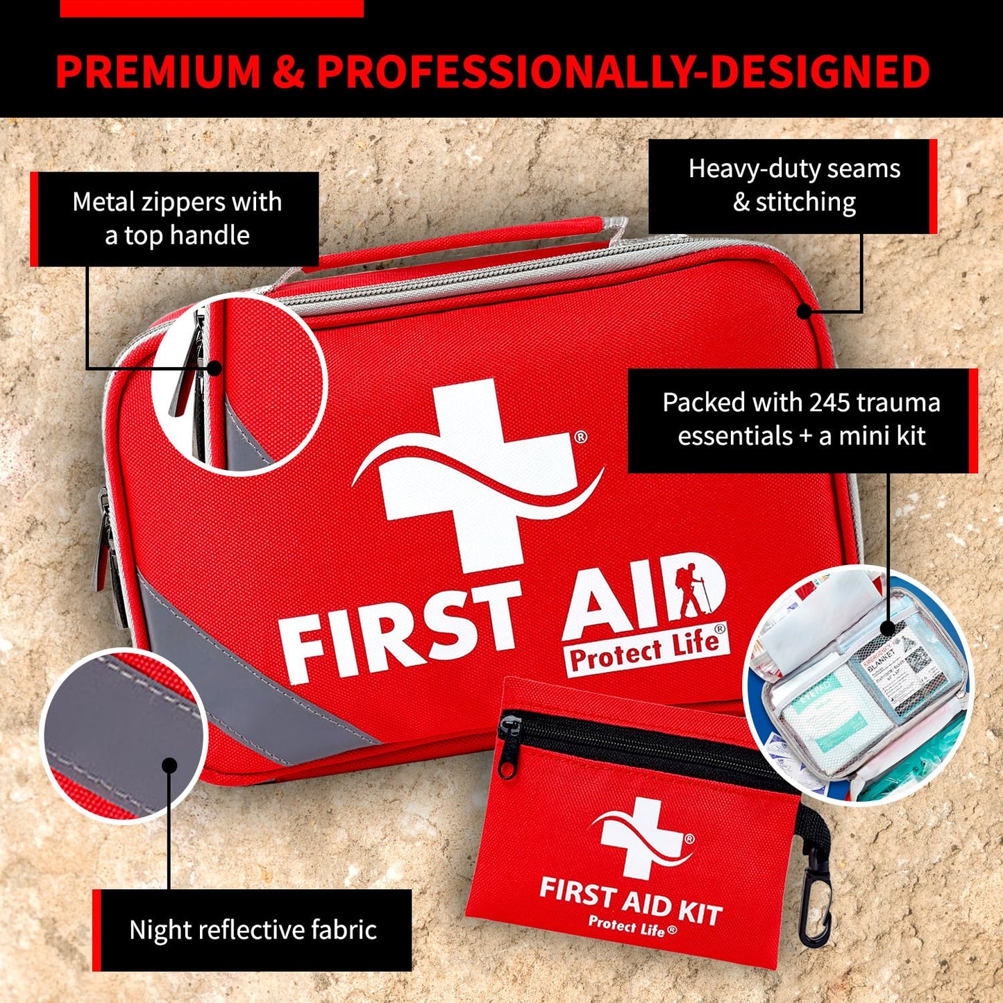 Protect Life First Aid Kit for Home & Businesses | HSA/FSA Eligible Kits for Emergency, Hiking, Camping | Small Travel First Aid Kit for Car | Travel Survival Medical kits (245 Pcs)