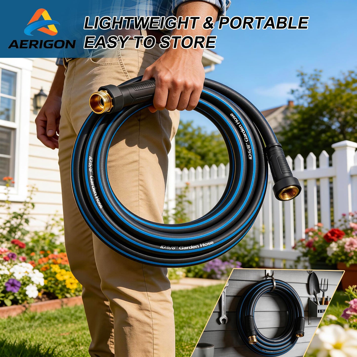 Heavy Duty Rubber Garden Hose 5/8" x 25FT, Non-Expandable Kink-Free Water Hose with Leak-Proof 3/4" Fittings for Yard Lawn and Car Wash