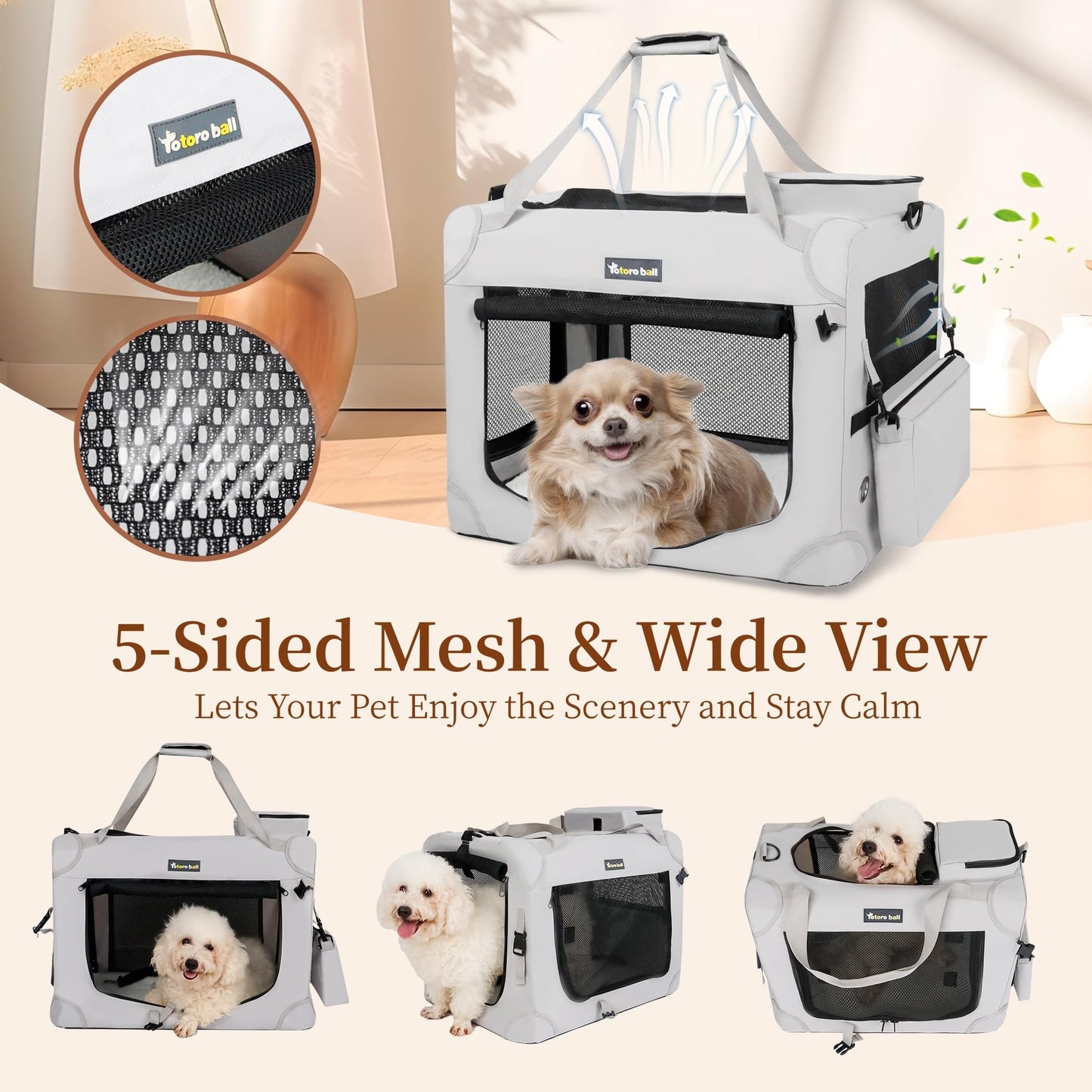 Totoro Ball Large Cat Carrier for Cats Collapsible Soft Pet XL Crate for Large/Medium Cats 15lbs+, Car Travel Portable Bag with Water Bottle Slot Ideal for Long Trips (Grey, 20.0"L x 14.0"W x 14.0"H)