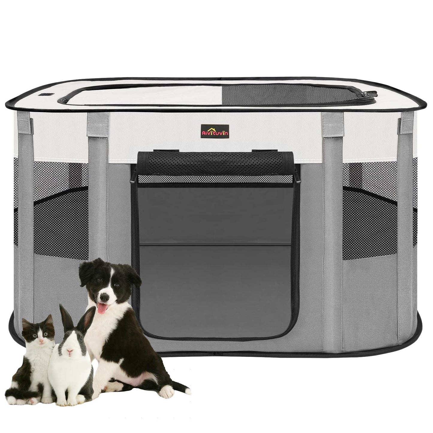 Dog Playpen, Pet Playpen, Foldable Kitten cage Puppy Play Pen, Portable Dog Kennel Tent Crate, Indoor Outdoor Travel Camping Use for Small Animals with Carrying Case (Grey M)