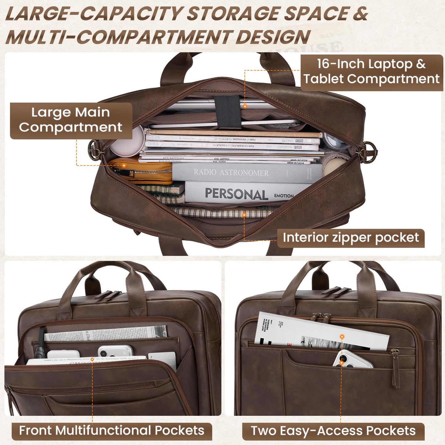 RAINSMORE Messenger Bag for Men 16 Inch Laptop Bag Vintage Leather Laptop Bag Waterproof Computer Briefcase Retro Satchel Bag Brown