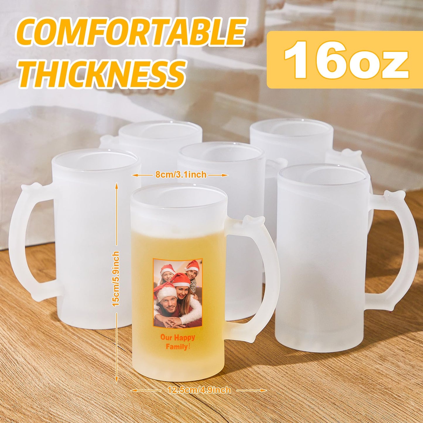 Mifoci 6 Pcs Sublimation Blank Beer Mugs Personalized Tazas para Father's Day Present 16 oz Frosted Beer Glass Cups Can Add Photo Text or Image Gift for Dad Husband Groomsmen Wedding Oktoberfest