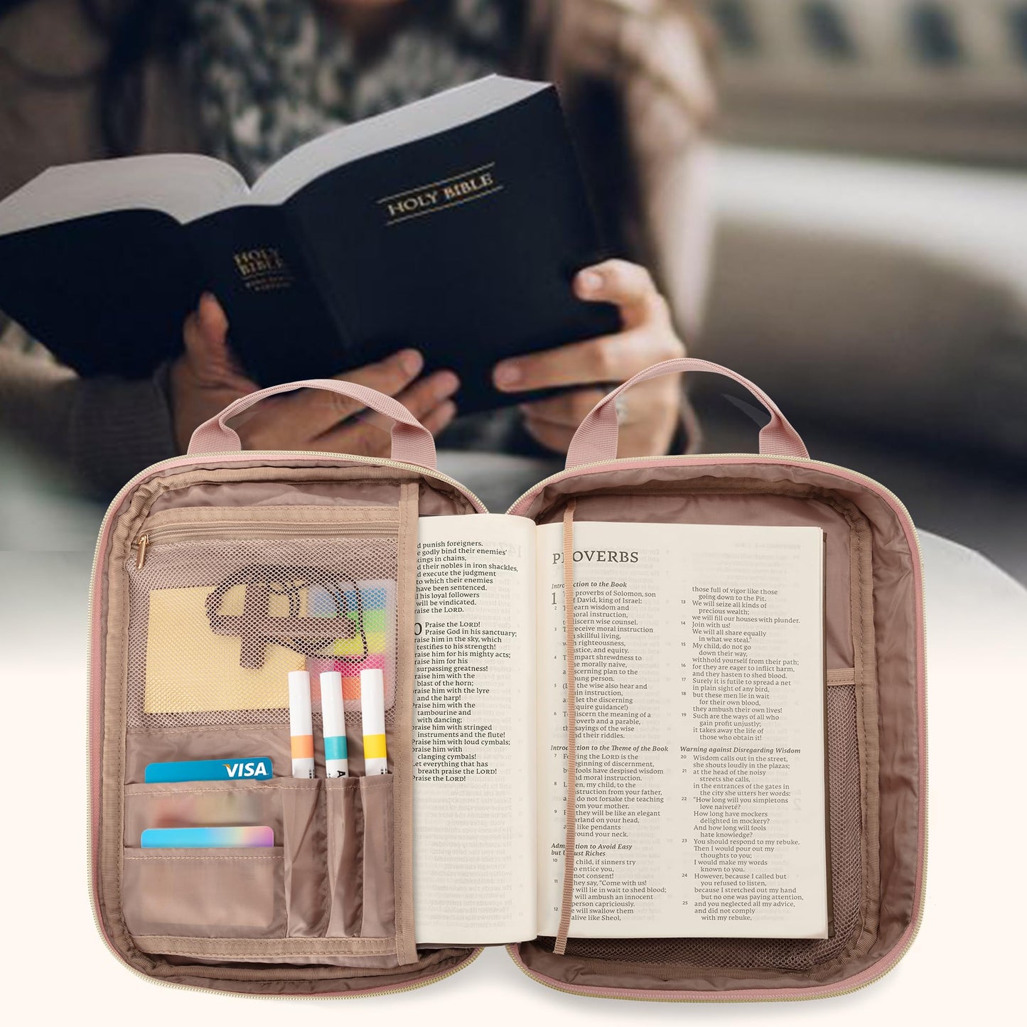 Teamoy Bible Cover Case for Women Men, Bible Book Cover Church Bag Carrying Case with Shoulder Strap, Pink Quilted