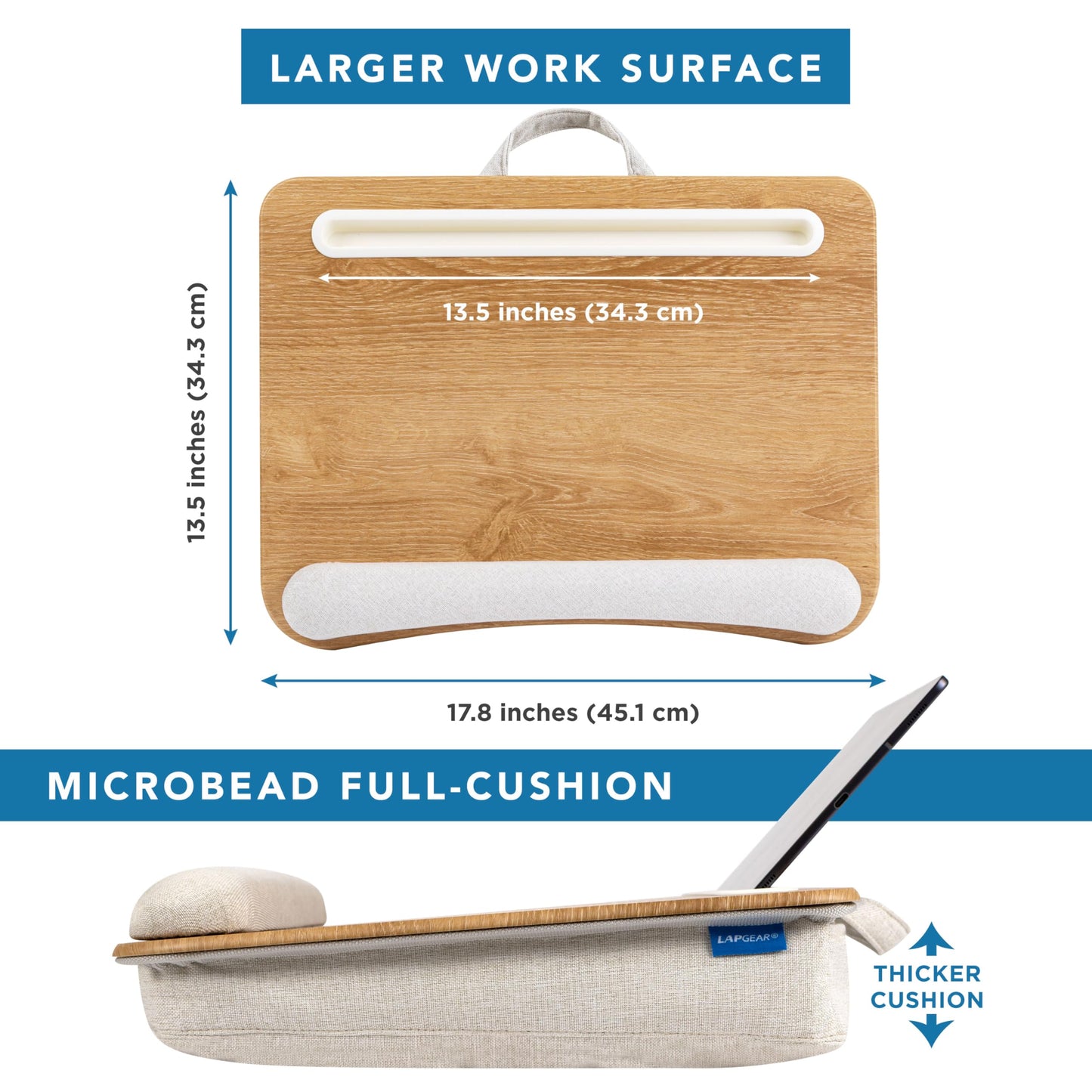 LAPGEAR Portable Laptop Lap Desk with Pillow Cushion, Anti-Slip Strip, Tablet or Phone Storage Slot, Pen and Pencil Pocket, and Wrist Rest - White Oak Woodgrain - Fits 15.6" Laptops - Style No. 91349