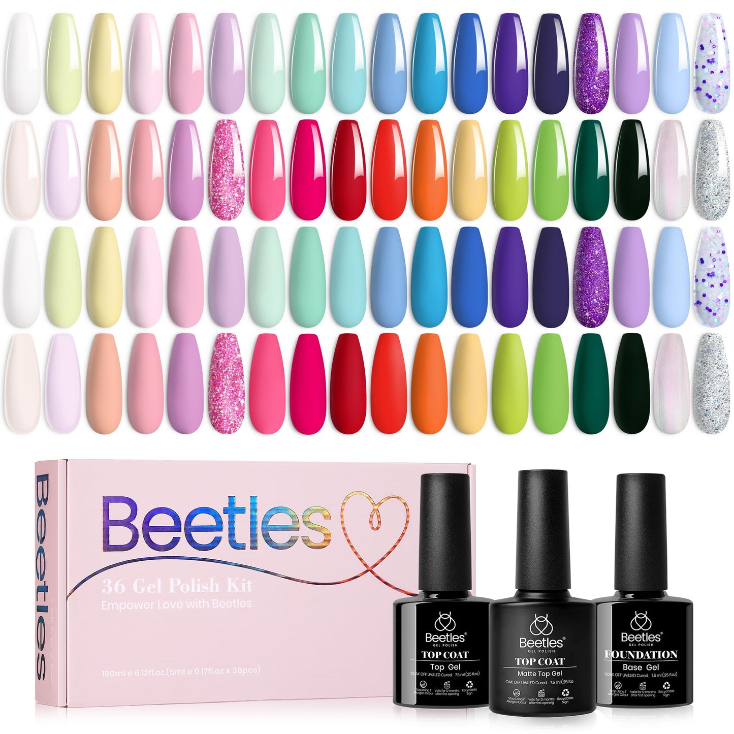 Beetles Gel Nail Polish Kit 36 Colors with 3pcs Base Gel Glossy & Matte Top Coat Easter Nail Art, Summer Spring Pastel Girly Colors Gel Polish Set All Seasons Sparkle Glitters Color Gift for Girls