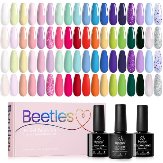 Beetles Gel Nail Polish Kit 36 Colors with 3pcs Base Gel Glossy & Matte Top Coat Easter Nail Art, Summer Spring Pastel Girly Colors Gel Polish Set All Seasons Sparkle Glitters Color Gift for Girls