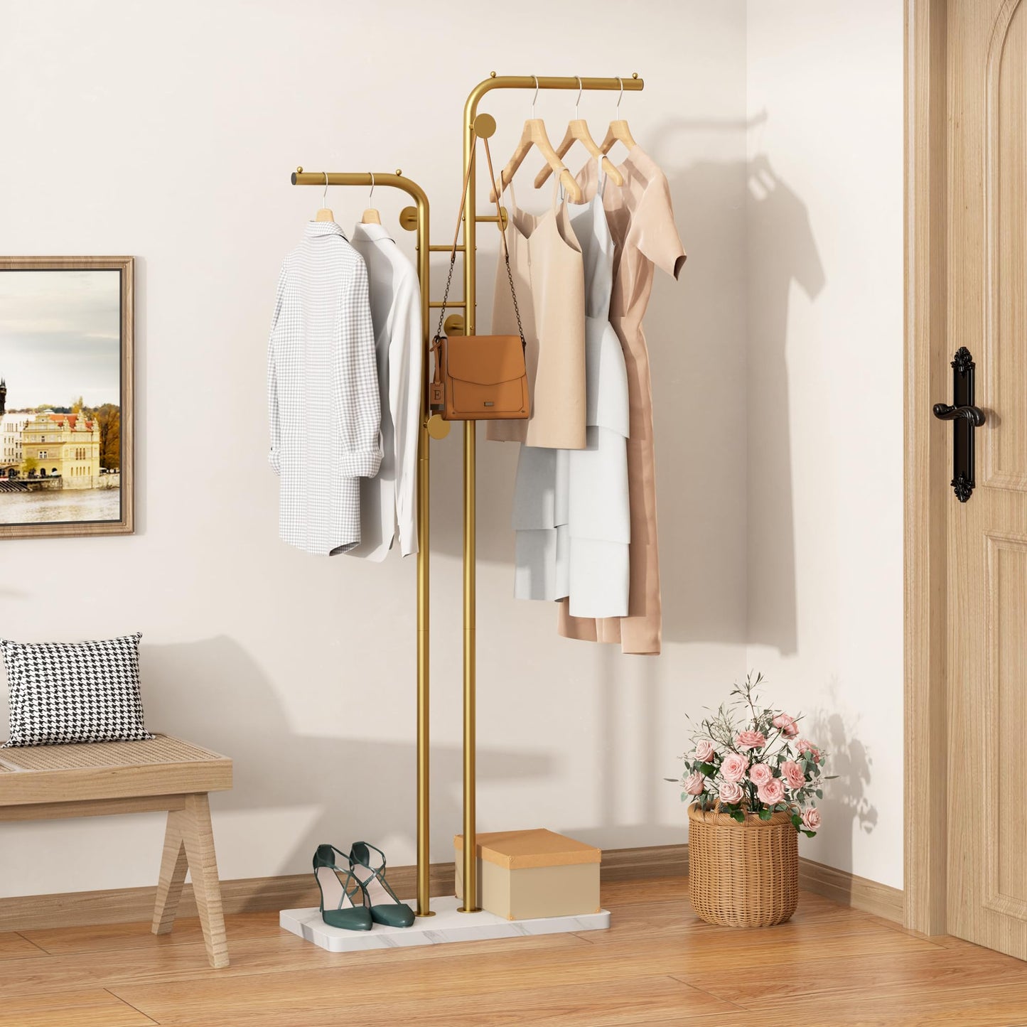 HOMEFORT Double-pole Coat Rack, Freestanding Metal Coat Racks, Clothes Hat Stand with 5 Hooks for Closet, Bedroom, Entryway, Living Room, Gold
