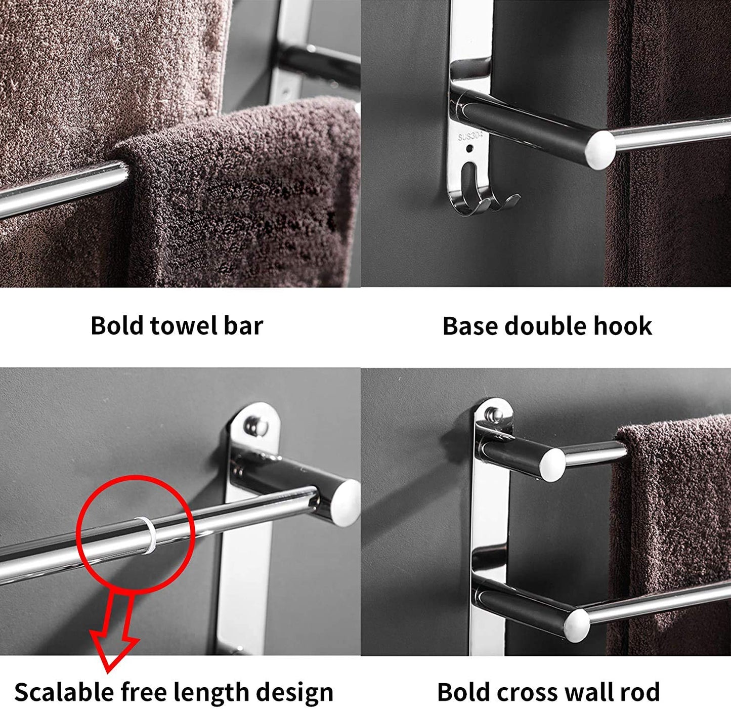 Towel Bars Towel Hanger Freely Retractable 20-30 Inch Stainless Steel Bath Towel Rack Strong Adhesive Bathroom Wall-mounting Free mounting Hole-Installing washroom Kitchen Space Saving 3 Bars